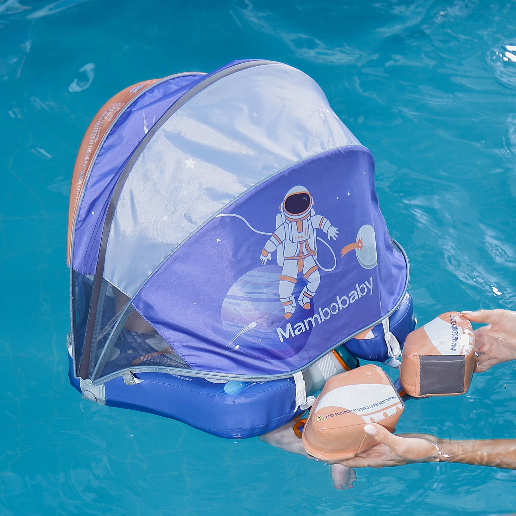 **Mambobaby Upgraded Baby Swim Float with Canopy & Adjustable Safety Strap – Non-Inflatable Waist Swimming Ring for Infants, Swim Trainer & Pool Toy (Blue Astronaut Design) – Perfect for Beach, Pool & Water Safety Training**