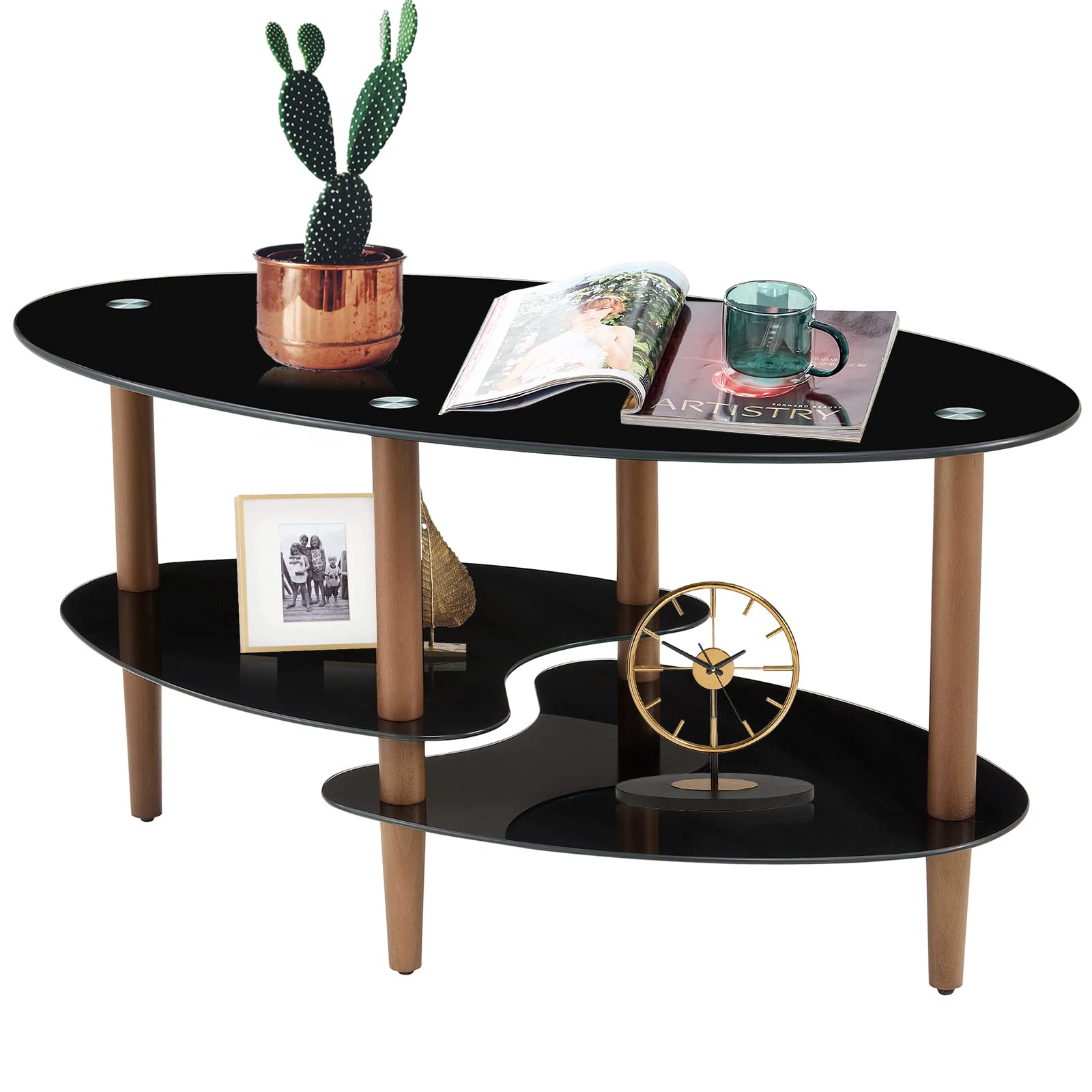 Modern Black Oval Glass Coffee Table with Oak Wood Legs - 3-Layer Transparent Glass Top - Perfect for Living Room, Waiting Room & Office Spaces