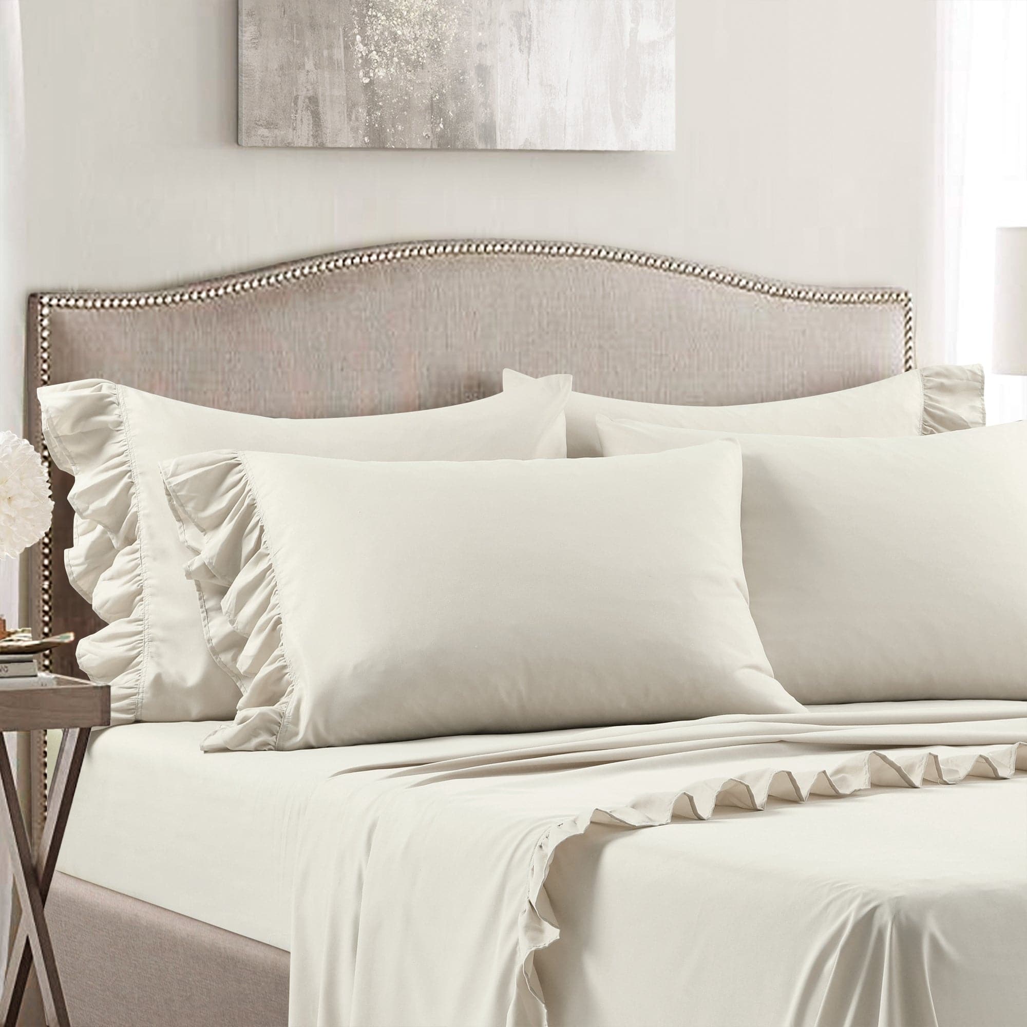 Reyna Ruffle Sheet Set - Queen Size 4-Piece Bedding Set with Floral Lace Trim, Soft Breathable Cotton for Girls & Women - Perfect for Bedroom Decor, Guest Room, and Luxury Hotel Style