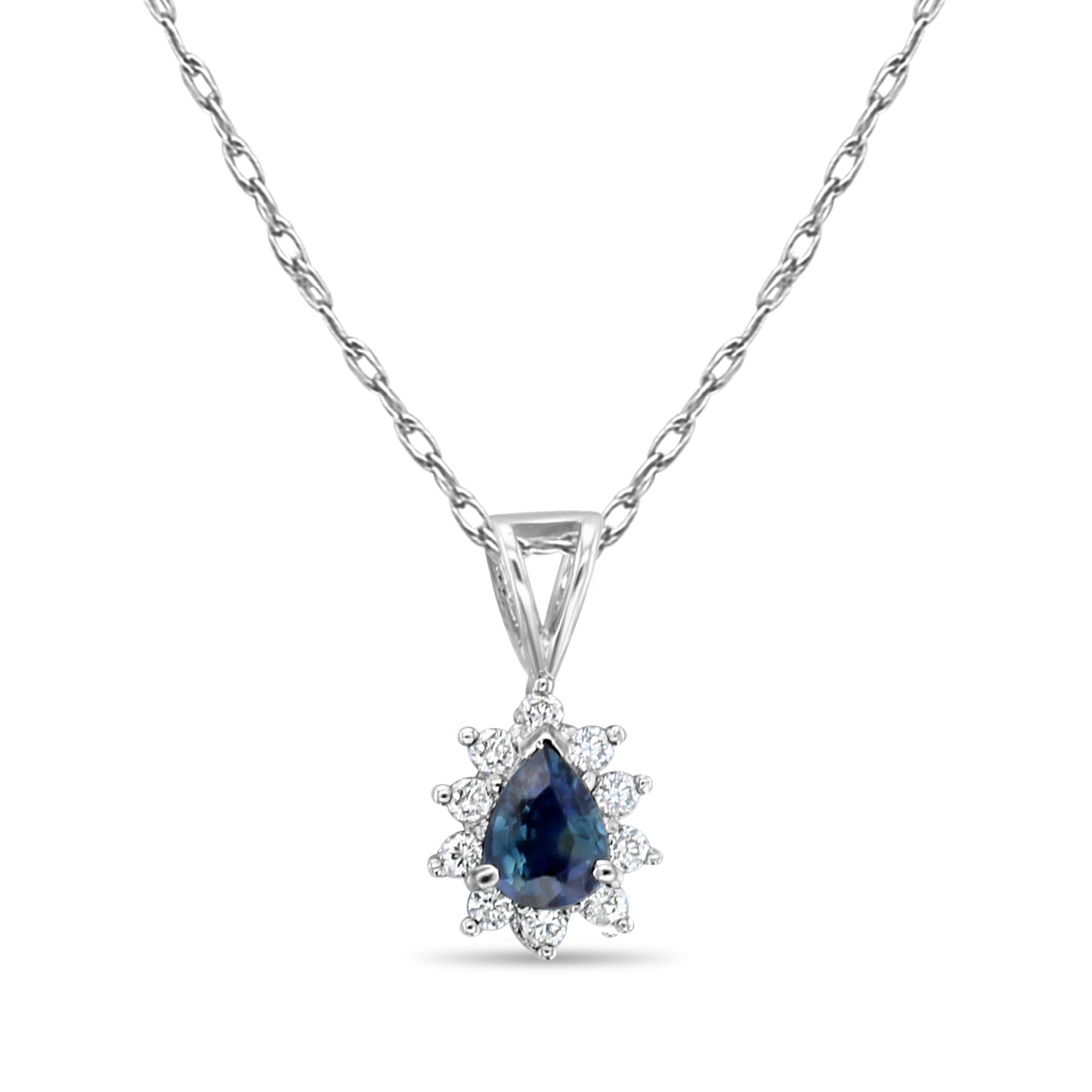 14K White Gold Pear Shaped Sapphire & Diamond Halo Pendant Necklace - Elegant Gift for Anniversary, Valentine's Day & Special Occasions