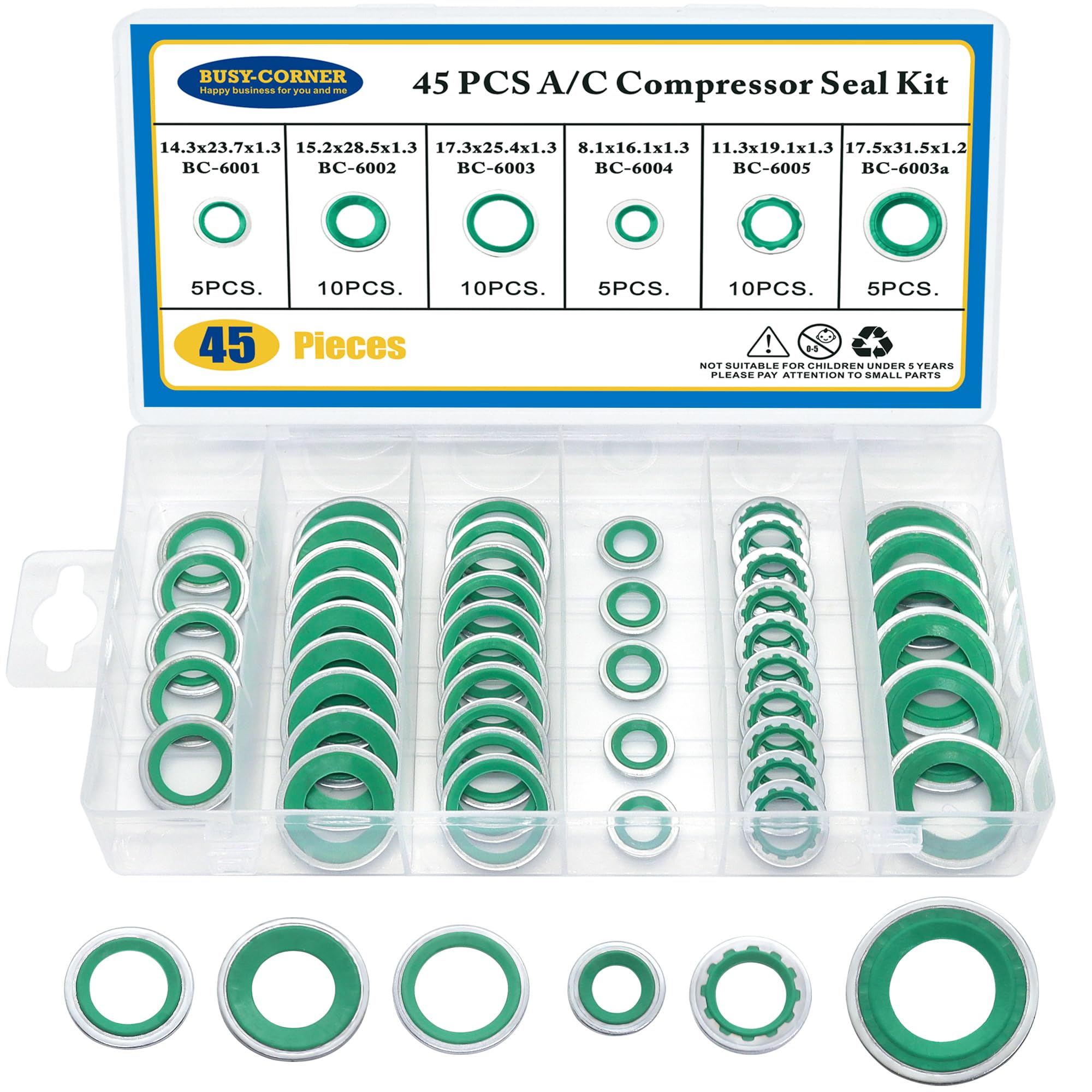 High-Quality Air Conditioning Compressor Port Seal Washer Kit - 45-Piece A/C Gasket Assortment (Green) for Car AC Repair & Maintenance - Perfect for Mechanics, DIY Auto Fixes & HVAC System Servicing
