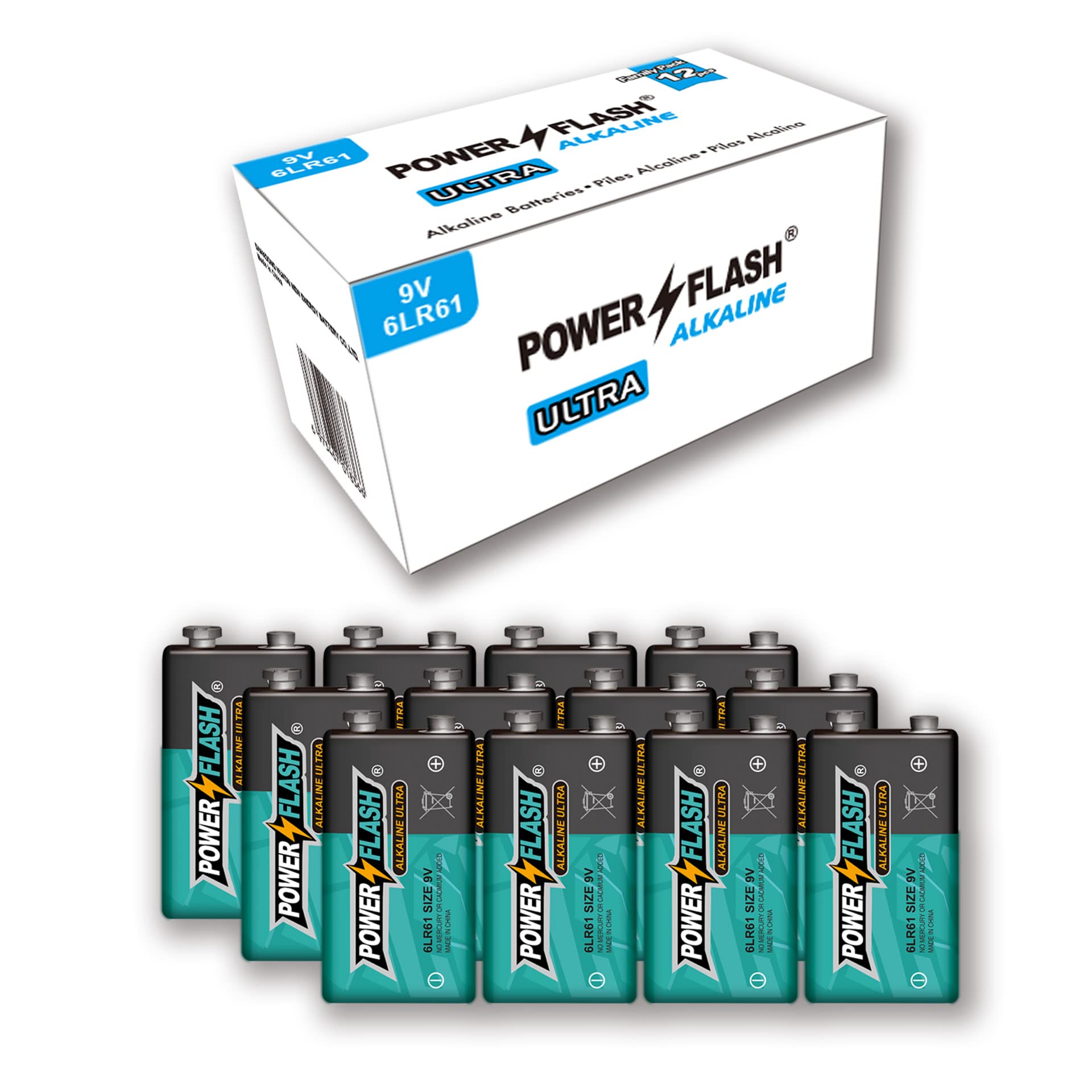 POWER FLASH 9V Batteries - 12 Pack Fresh Long-Lasting Alkaline Batteries for Smoke Detectors, Toys & Electronics - Best 9 Volt Battery for Home & Office Use