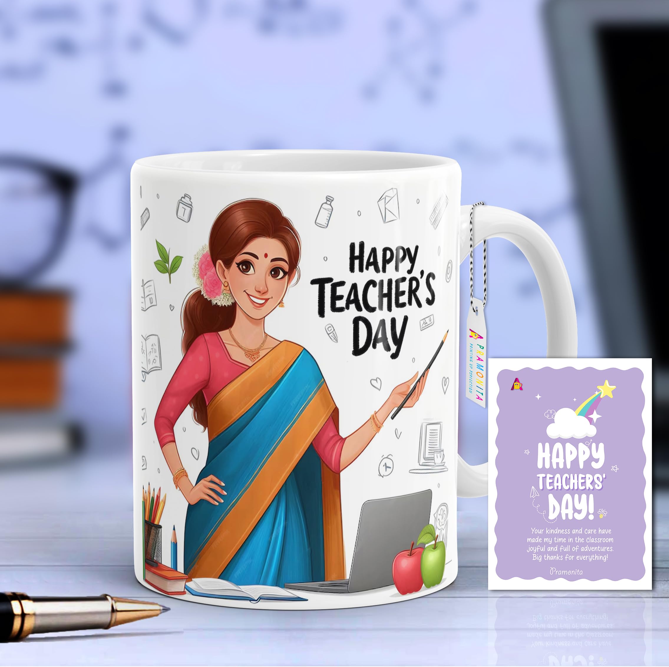 PRMONITA Teacher Appreciation Gift - 11oz Printed Ceramic Coffee Mug for Happy Teacher's Day - Perfect Thank You Present for Teachers, Professors & Mentors - Ideal for Classroom, Office or Home Use (A-04)
