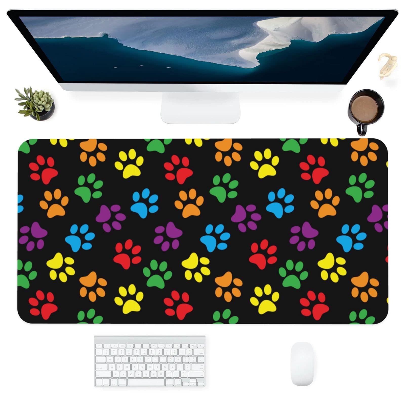 Colorful Gaming Mouse Pad - Non-Slip PU Leather Desk Mat with Paw Print for Office & Home Use