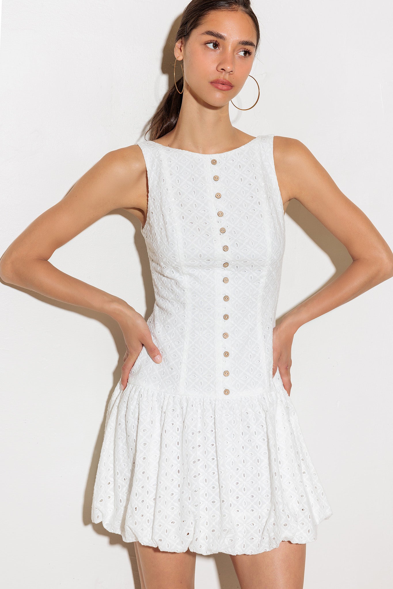 AT FIRST GLANCE White Eyelet Mini Dress - Flowy Summer Dress for Beach, Party & Date Night