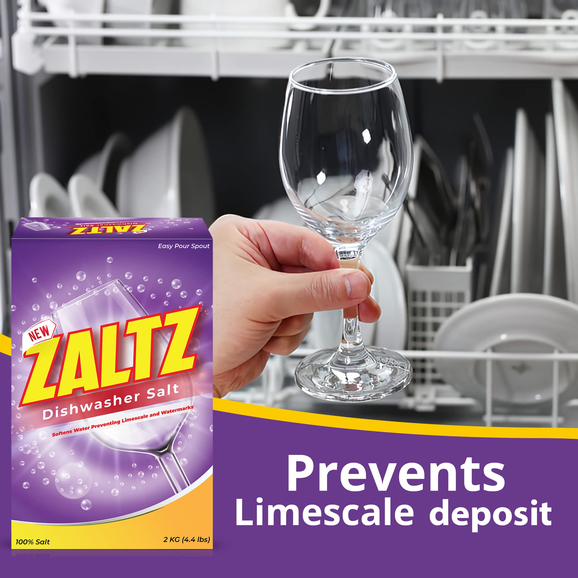 Zaltz Dishwasher Salt - Water Softener & Rinse Aid for Sparkling Clean Dishes, 4.4 lb Box with Easy-Pour Spout | Perfect for Hard Water Areas & Daily Dishwasher Maintenance