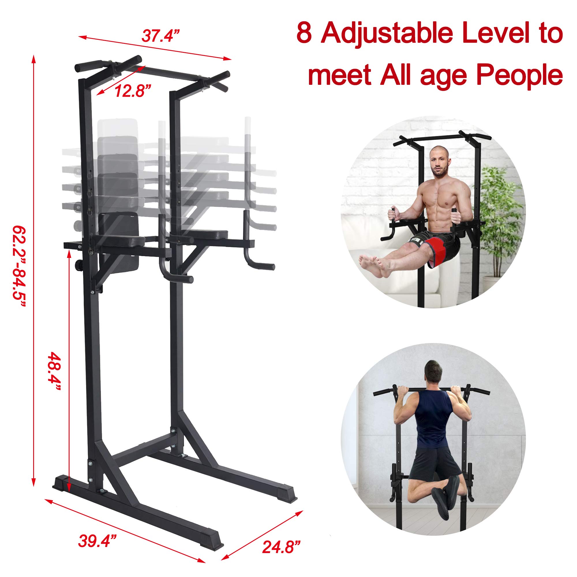 Foldable Power Tower Pull Up Bar Stand - Adjustable 8-Level Height Home Gym Equipment with 1.5” Cushions & Armrests for Strength Training (Supports 330LBS) - Perfect for Home Workouts, Calisthenics & Full-Body Exercises