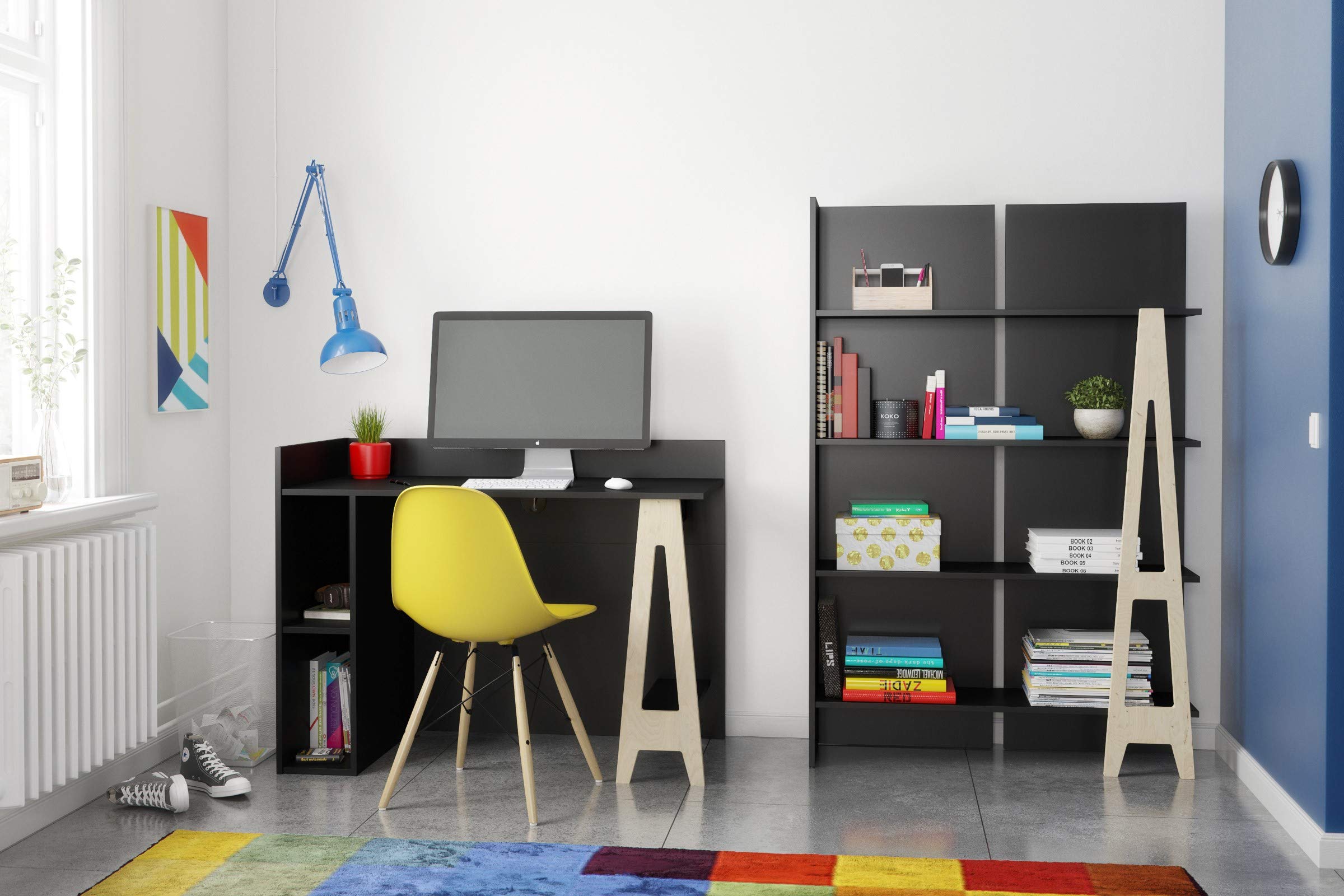 Nexera 608506 Modern Atypik Bookcase - Black & Birch Plywood Bookshelf for Home Office, Living Room, and Bedroom Storage