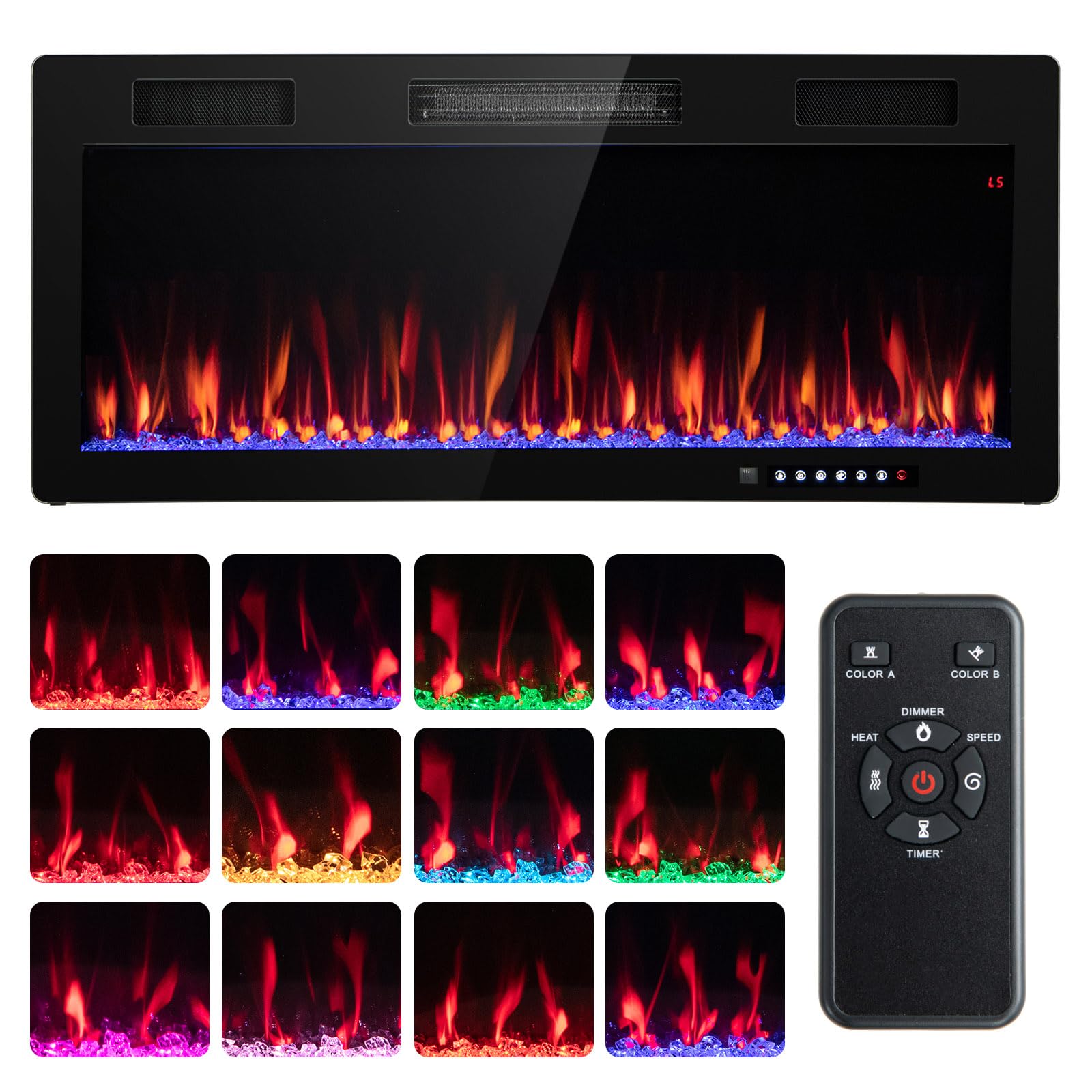 Tangkula 40 Inch Linear Electric Fireplace - Ultra-Thin Recessed & Wall Mounted Heater with Multi-Color Flame, 5 Brightness Levels, 8H Timer & Remote Control (750W/1500W) - Perfect for Living Room, Bedroom & Office Heating & Ambiance