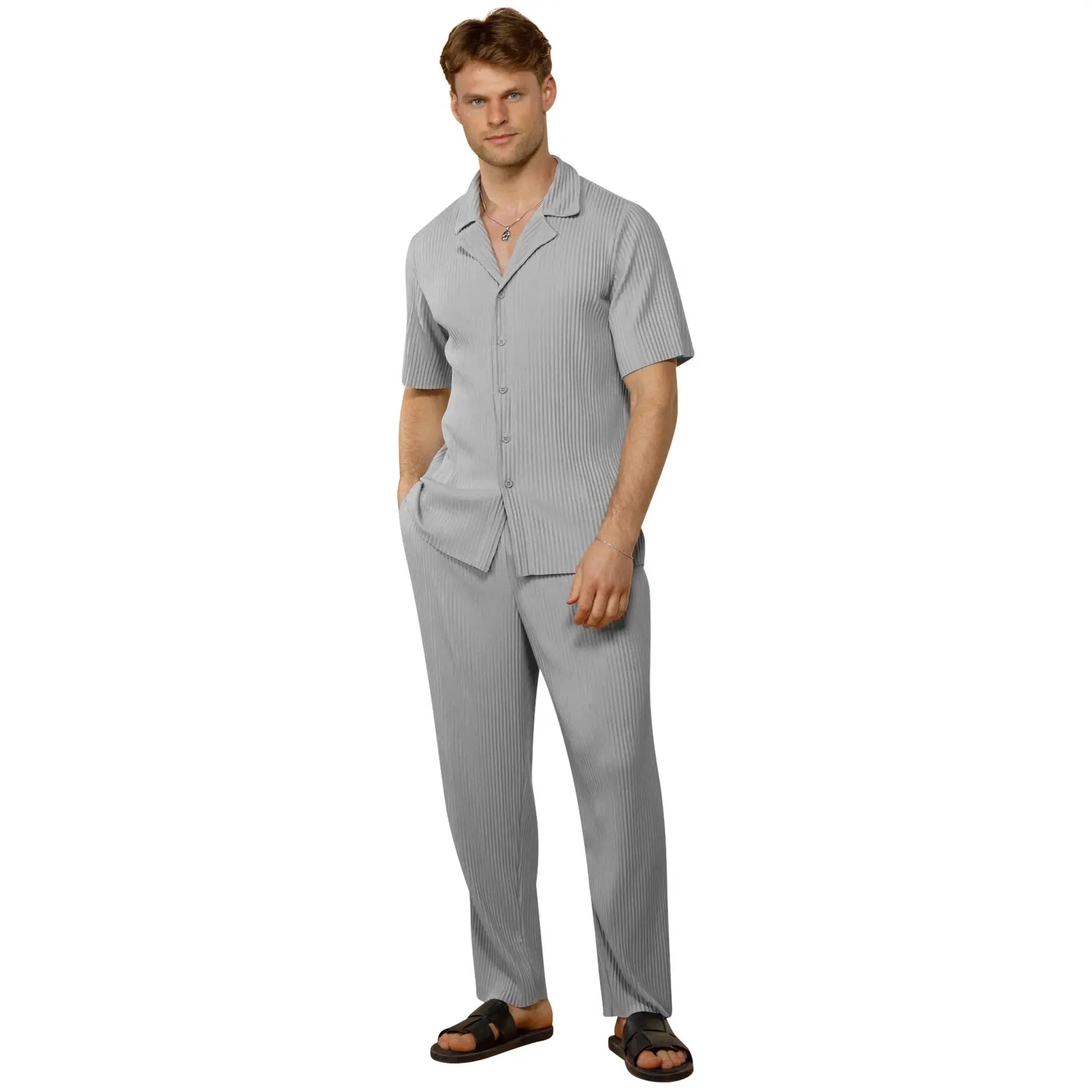 Belier Pleated Light Grey Resort Shirt & Shorts Set - Stylish Summer Vacation Outfit for Men, Beachwear, Tropical Holiday, Poolside Lounge & Casual Wear