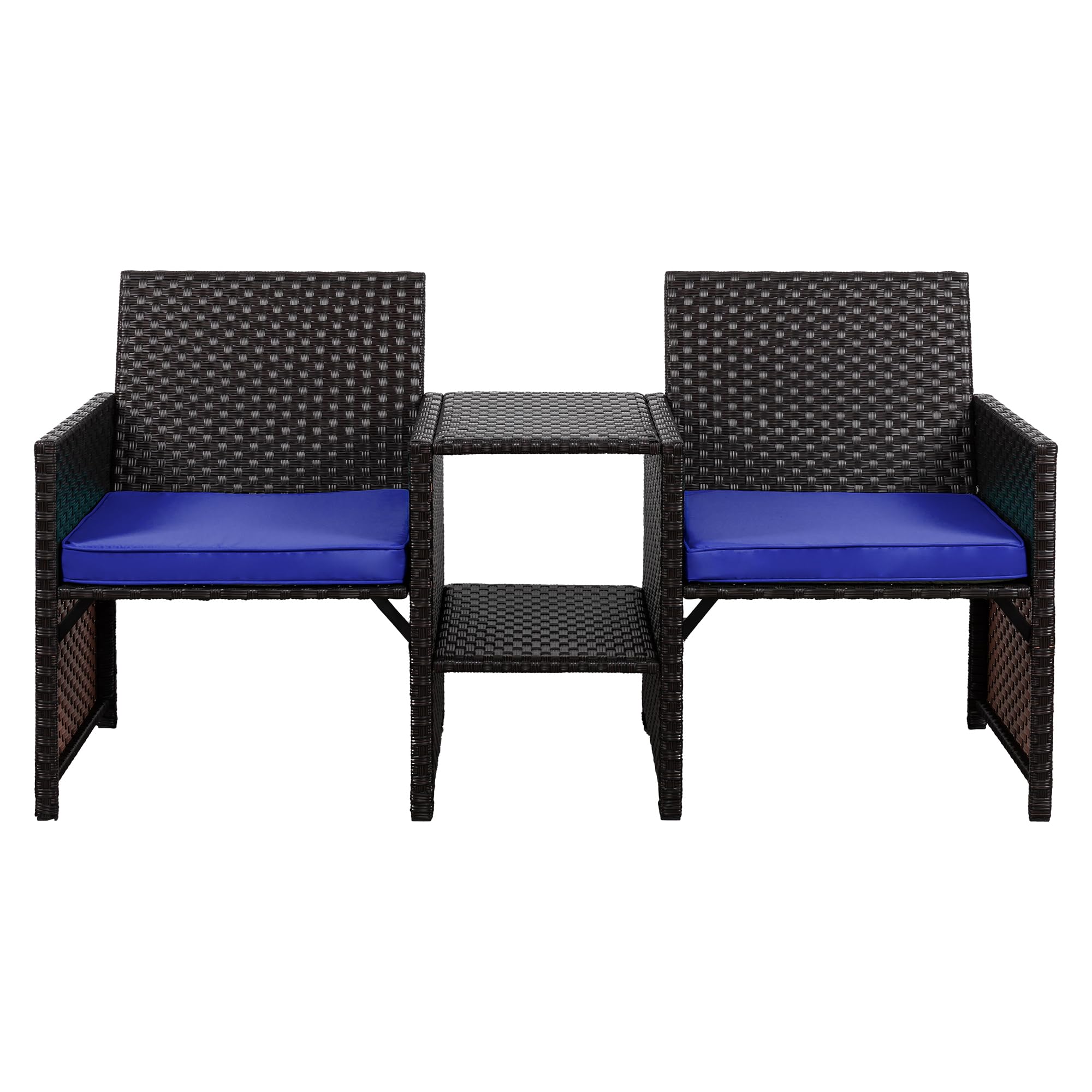 Shintenchi Outdoor Wicker Patio Conversation Set with Detachable Chairs & Table - 2 Removable Cushions, Rattan Wicker Loveseat for Patio, Garden, Backyard, Courtyard - Perfect for Relaxing, Entertaining & Outdoor Lounging (Deep Blue)