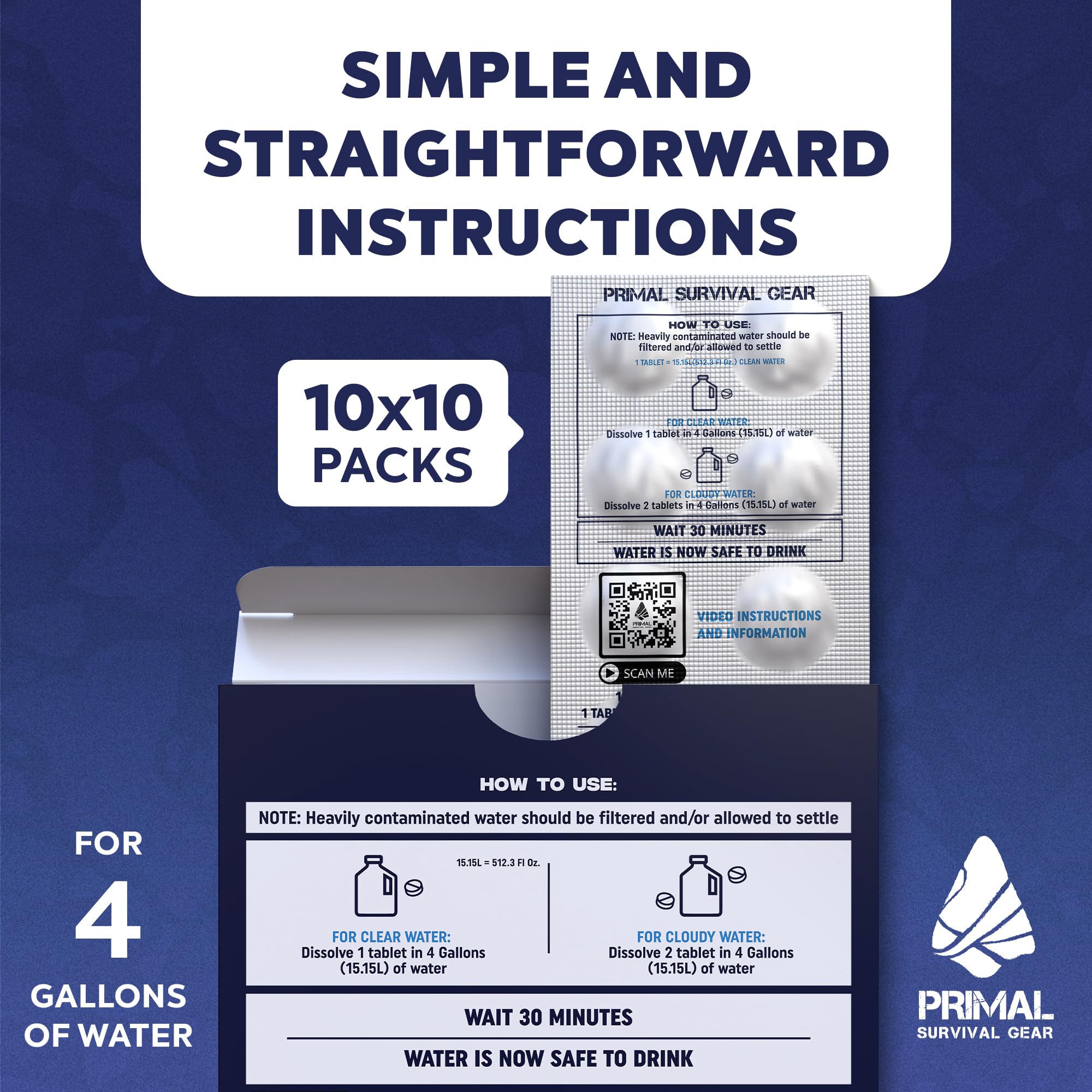 Emergency Water Purification Tablets - 100 Pack Portable Water Treatment for Hiking, Camping & Survival - EPA Approved Drinking Water Filtration System - Ideal for Outdoor Adventures, Natural Disasters & Emergency Preparedness