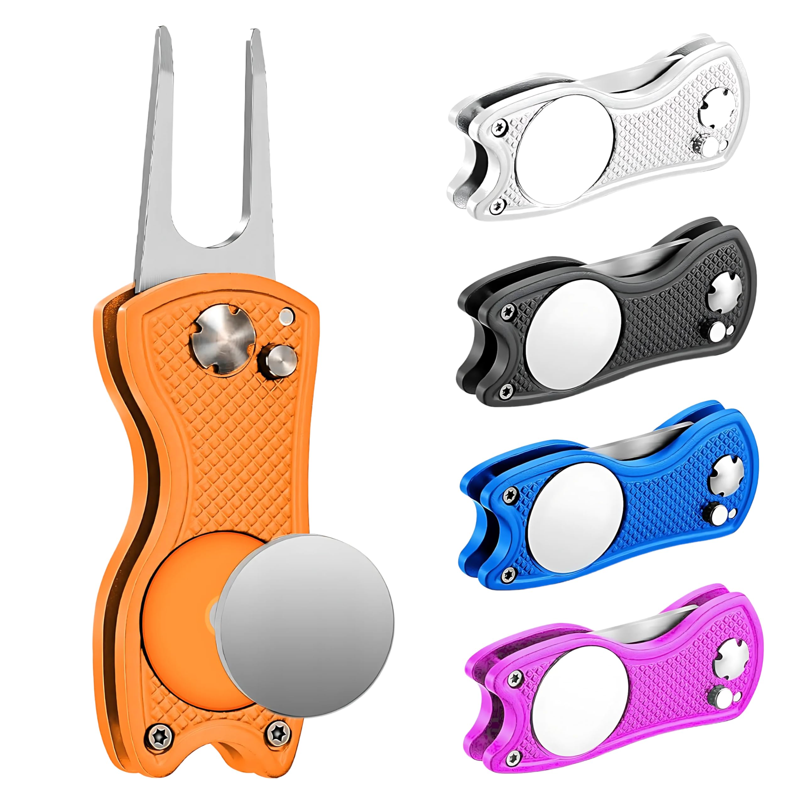 Premium Golf Divot Tool with Magnetic Ball Marker - Multifunctional, Foldable Fork for Repairing Divots, Cleaning Clubs & Cleats - U-Shaped Bottom Holds Club - Perfect for Golf Course & Practice Sessions