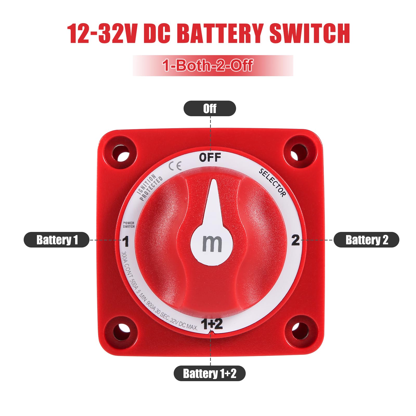 6007 m-Series 4 Position Marine Battery Disconnect Switch (1-1+2-2-Off) - Heavy Duty Boat Battery Selector for Car, RV, Trailer - Red - Perfect for Marine Power Management & Vehicle Electrical Systems