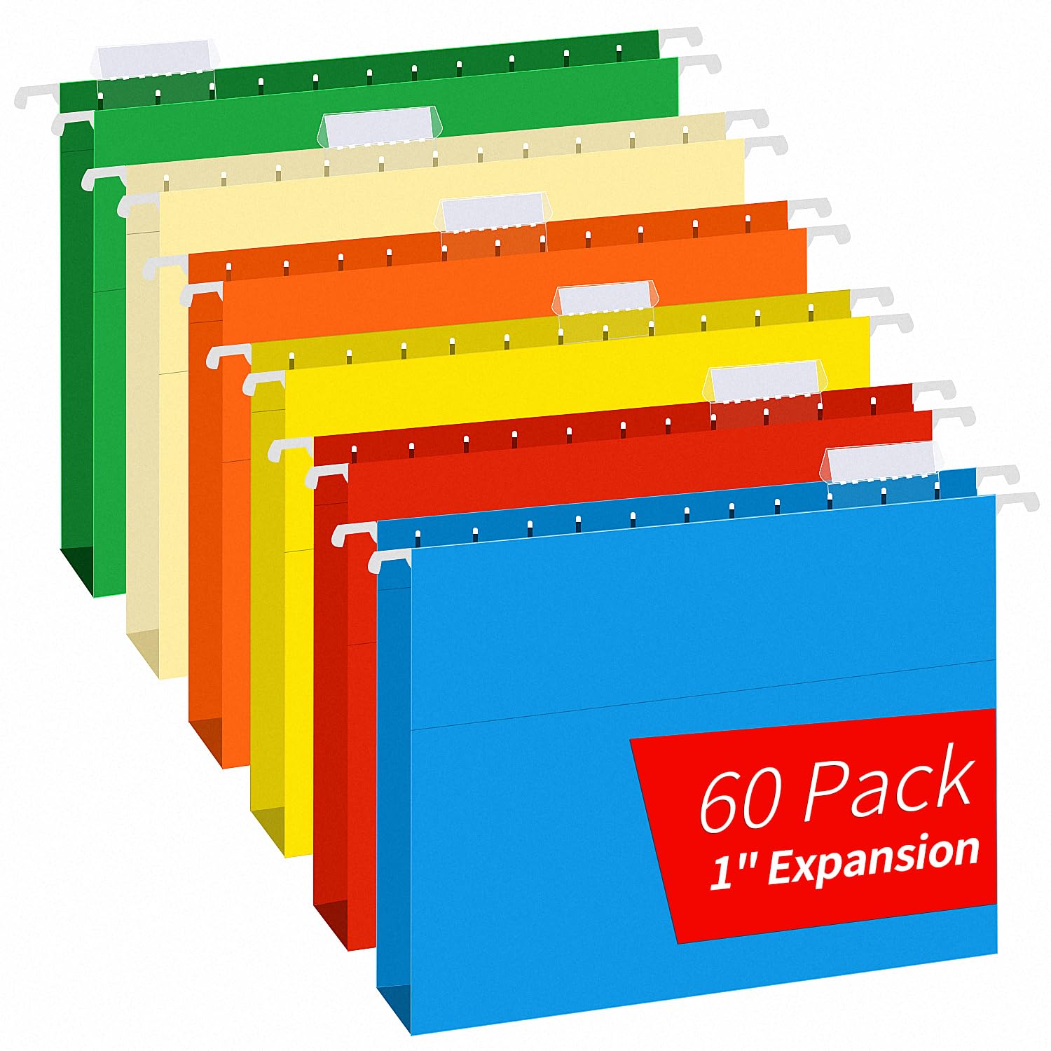 RAZCC 60-Pack Heavy Duty Hanging File Folders - Letter Size with 1-Inch Expansion, Reinforced for Bulky Files, Adjustable Tabs & Assorted Colors - Perfect for Office Filing Cabinets, Document Organization & Home Office Storage