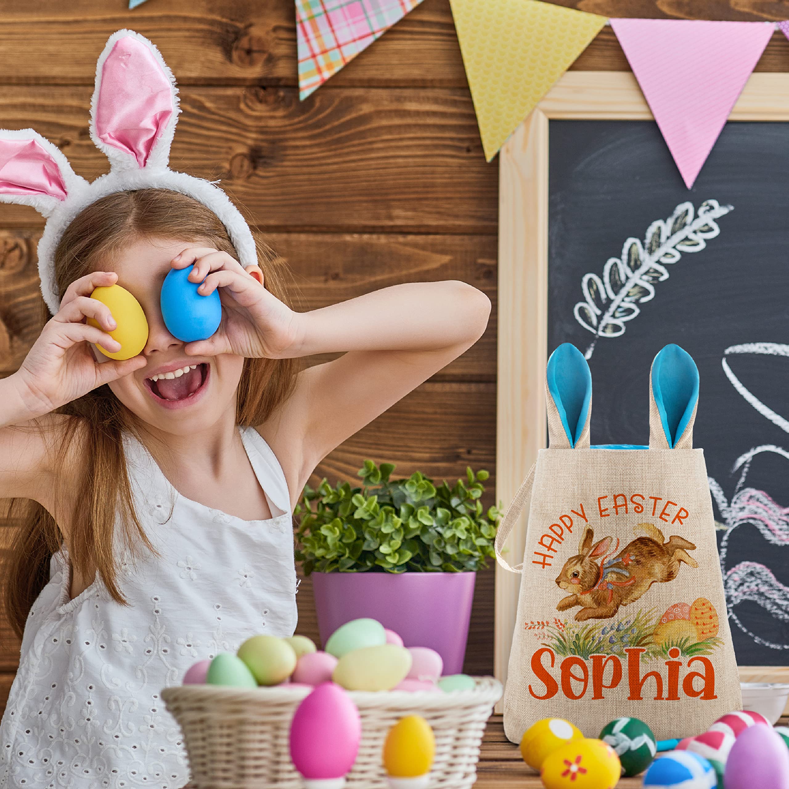 Personalized Easter Basket Set of 2 for Girls & Boys - Custom Name, Blue/Pink Bunny Ears, 8 Design Options - Easter Egg Tote Bags with Handle - Kids Easter Gift & Candy Basket for Egg Hunts, Party Favors & Holiday Celebrations