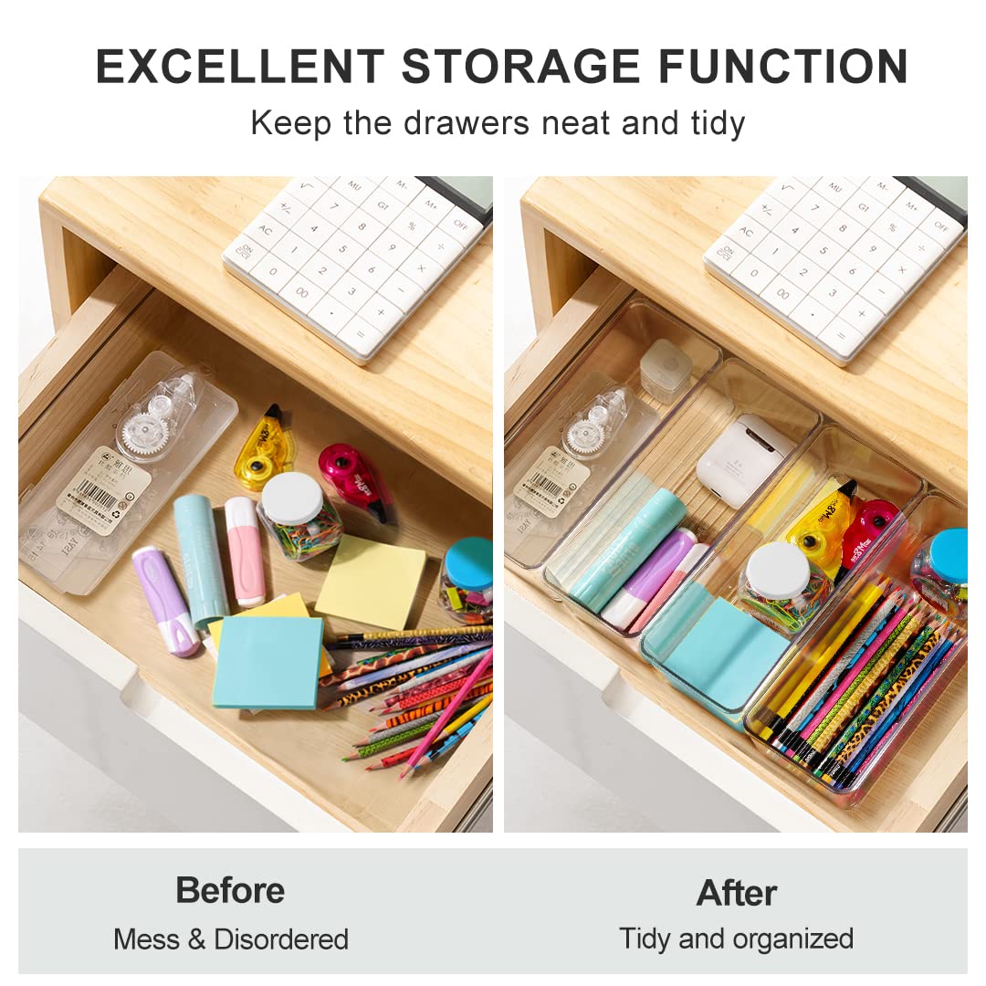 Hudgan 8-Pack Clear Plastic Drawer Organizers Set - Stackable Deep Drawer Bins for Makeup Vanity, Desk & Bathroom Storage (2 Sizes) - Perfect for Organizing Cosmetics, Office Supplies & Toiletries