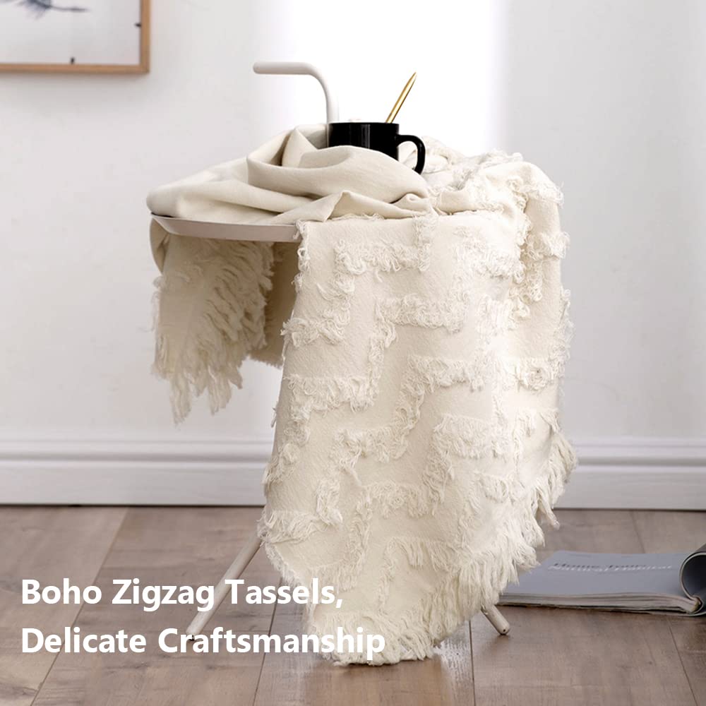 Simple&Opulence 100% Cotton Boho Throw Blanket - Soft Lightweight Tufted Zigzag Knit Woven Blanket with Tassels for Bed, Couch & Farmhouse Decor | All-Season Cozy Breathable Blanket in White | Perfect for Living Room, Bedroom & Outdoor Picnics
