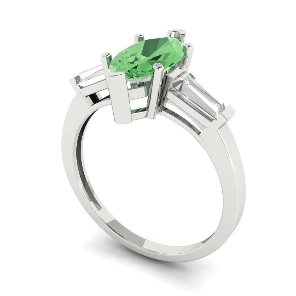 Clara Pucci 2 Carat Marquise Cut 3-Stone Solitaire Green Simulated Diamond Ring in 14K White Gold - Perfect for Anniversary, Bridal & Engagement Jewelry Gifts