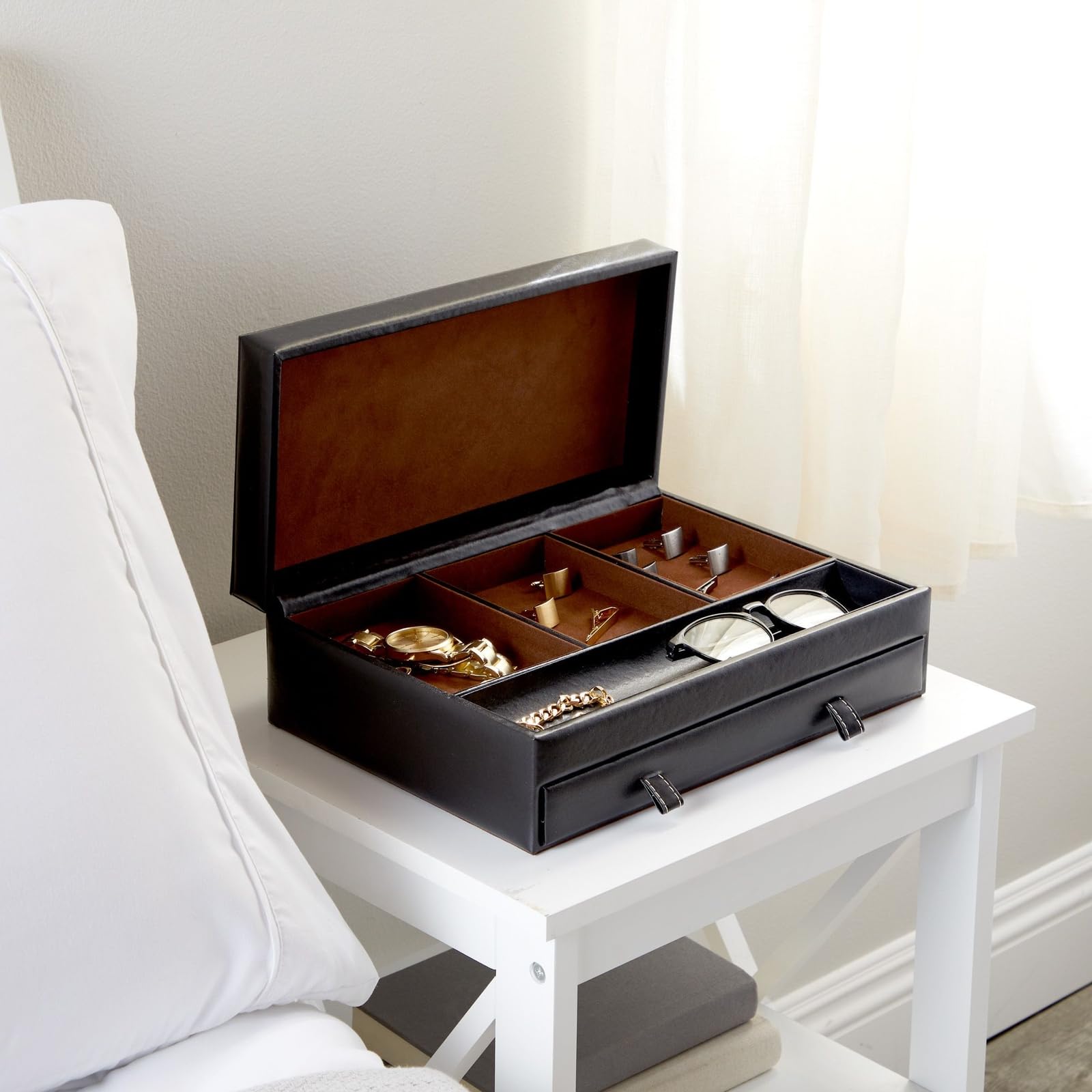 Juvale Faux Leather Men's Jewelry Organizer - Black Watch Box with Leather Valet Tray for Necklaces, Rings & Accessories - 12.6 x 9 x 4 Inch Home Storage Solution for Dresser, Closet & Travel