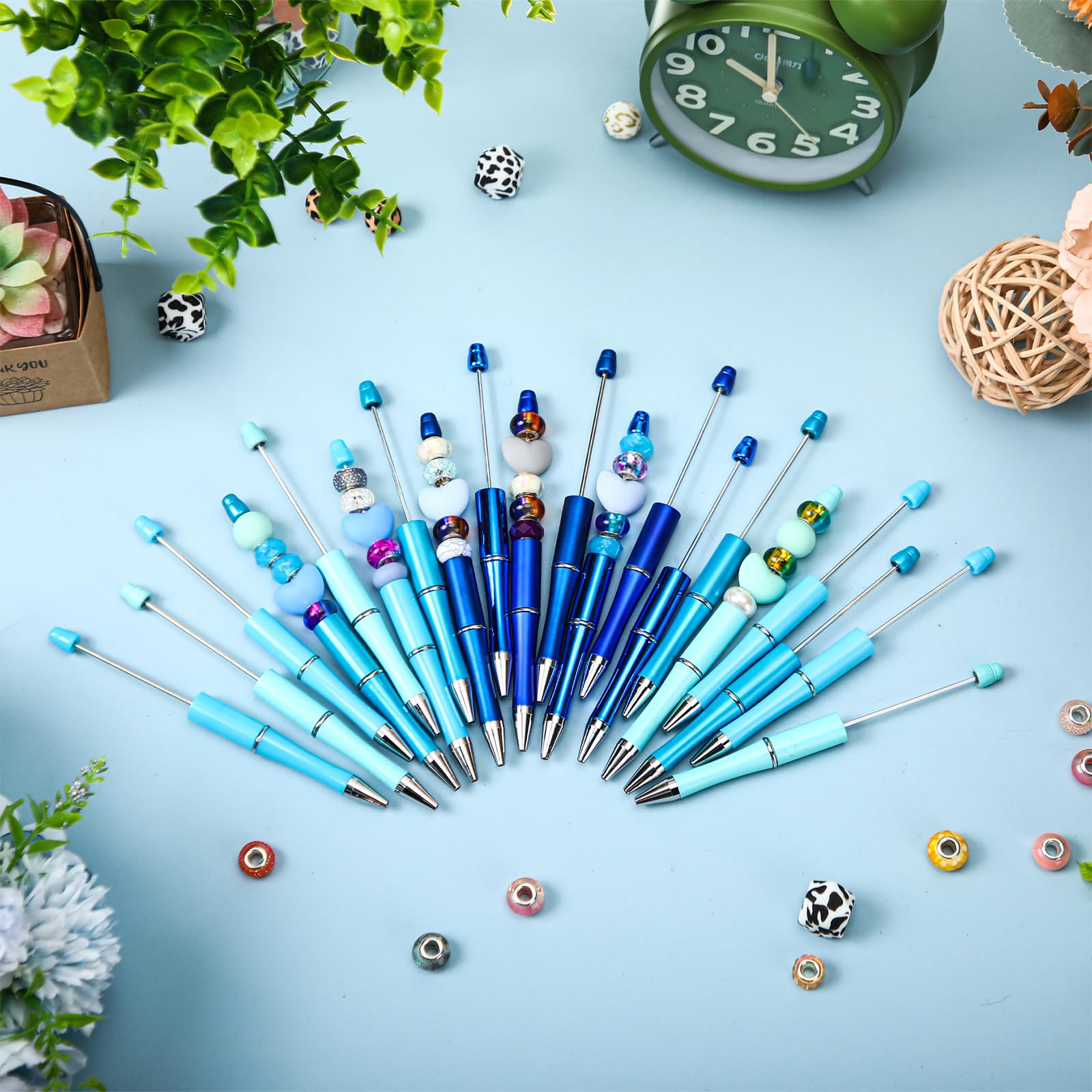 Kosiz 60-Pack Plastic Beaded Ballpoint Pens with Black Ink - Fun Beadable Pens for Kids, Students, Office & School Supplies (Blue Series, Simple Design) - Perfect for DIY Crafts, Classroom Rewards & Party Favors
