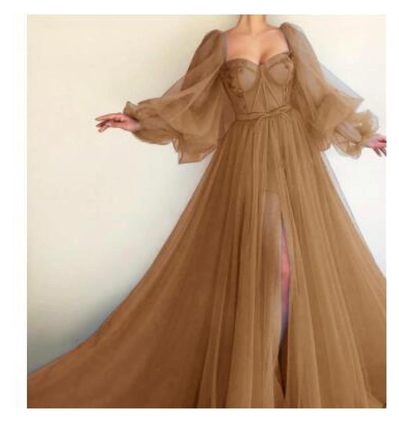 Elegant Puff Sleeve Wedding Dress for Bride - Sexy Square Neck Beaded Tulle Evening Gown with Side Slit, Boho Formal Party Dress for Prom, Cocktail, Bridal Shower & Special Occasions