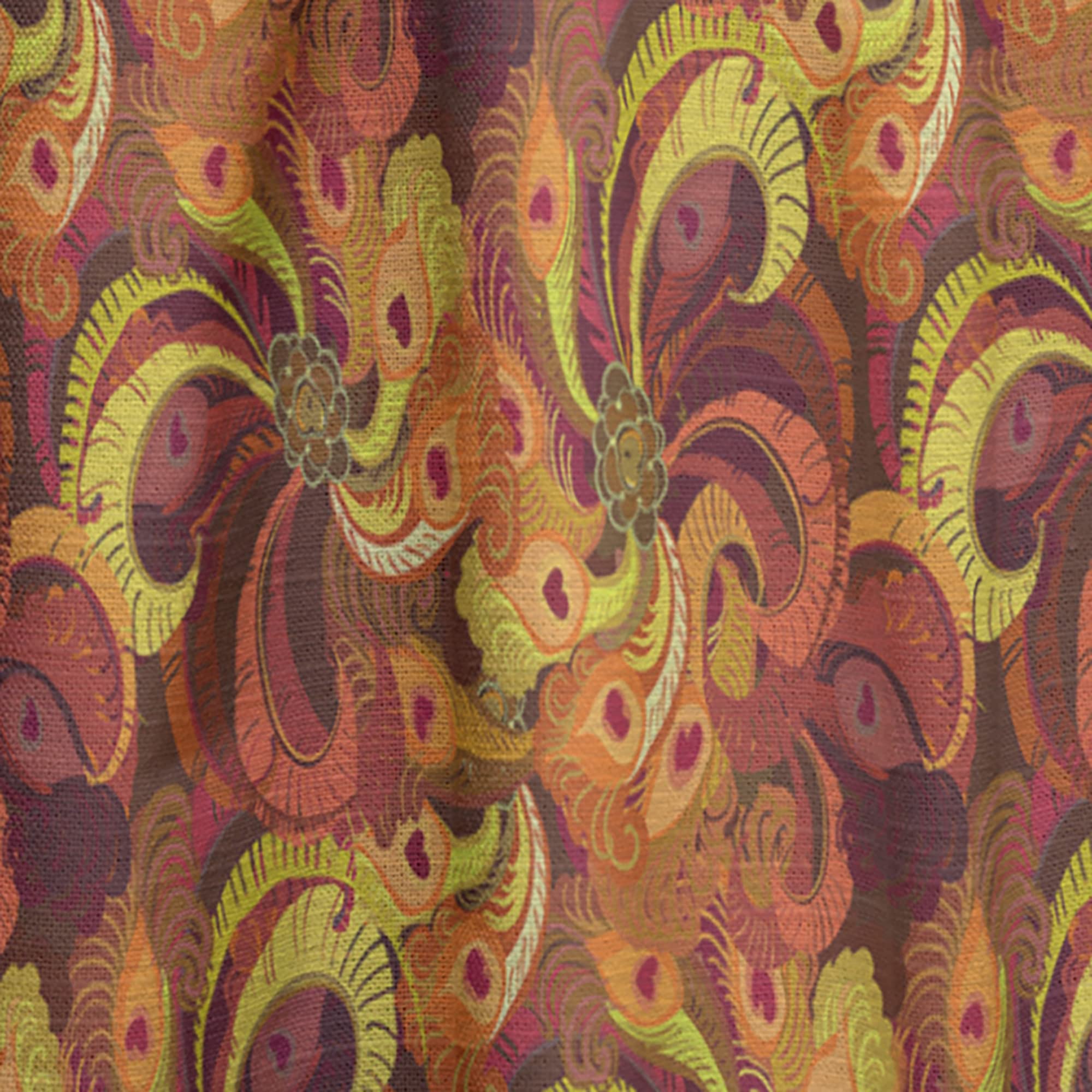 DesignQ Thermal Insulated Curtains - Golden Orange & Red Peacock Feather Pattern - 52x120 Inch Single Panel for Bedroom & Living Room - Energy Saving, Blackout Drapes for Home Decor
