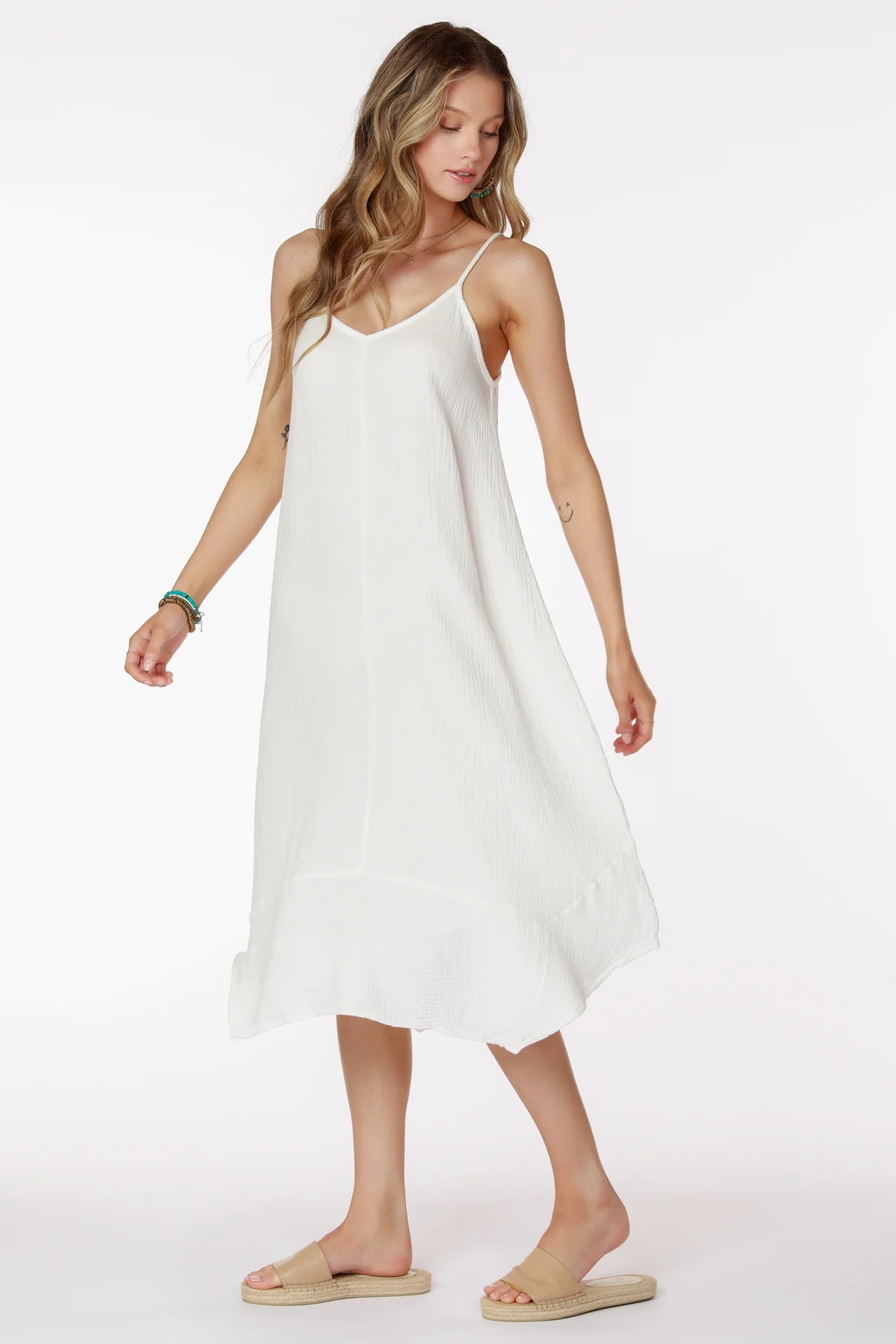 Elegant White V-Neck Cami Midi Handkerchief Dress for Women | Summer Casual & Party Wear | Perfect for Date Nights, Beach Outings, and Special Occasions