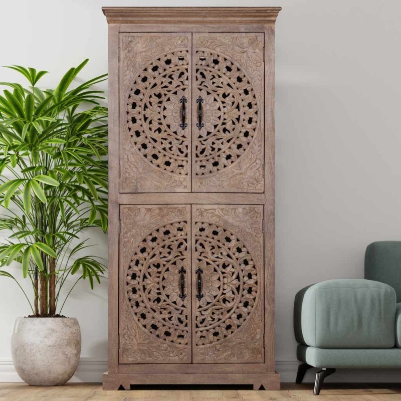 Hand Carved Rustic Wooden Storage Armoire with Carved Doors - Vintage Style Wardrobe for Bedroom, Living Room & Entryway Organization