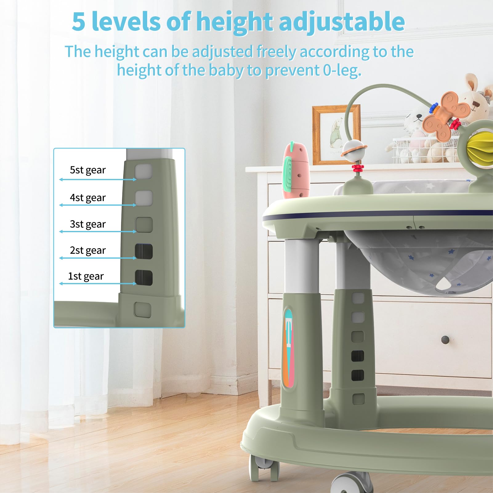 **Adjustable Baby Walker for 6-12 Months - 5 Height Levels, 360° Swivel Seat with Music & Detachable Toys - Safe Activity Center for Boys & Girls (Green) - Perfect for Learning to Walk & Playtime Fun**