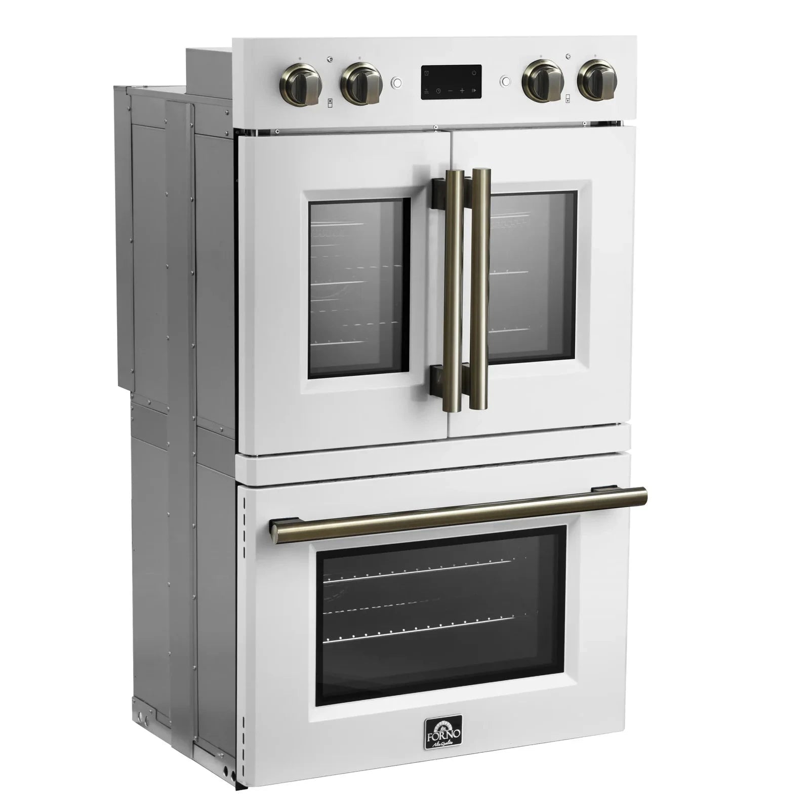Forno Asti 30 Inch Double Electric Wall Oven with French Doors - White Finish & Antique Brass Trim (Model FBOEL1340 30WHT) | Perfect for Modern Kitchens, Baking, and Entertaining