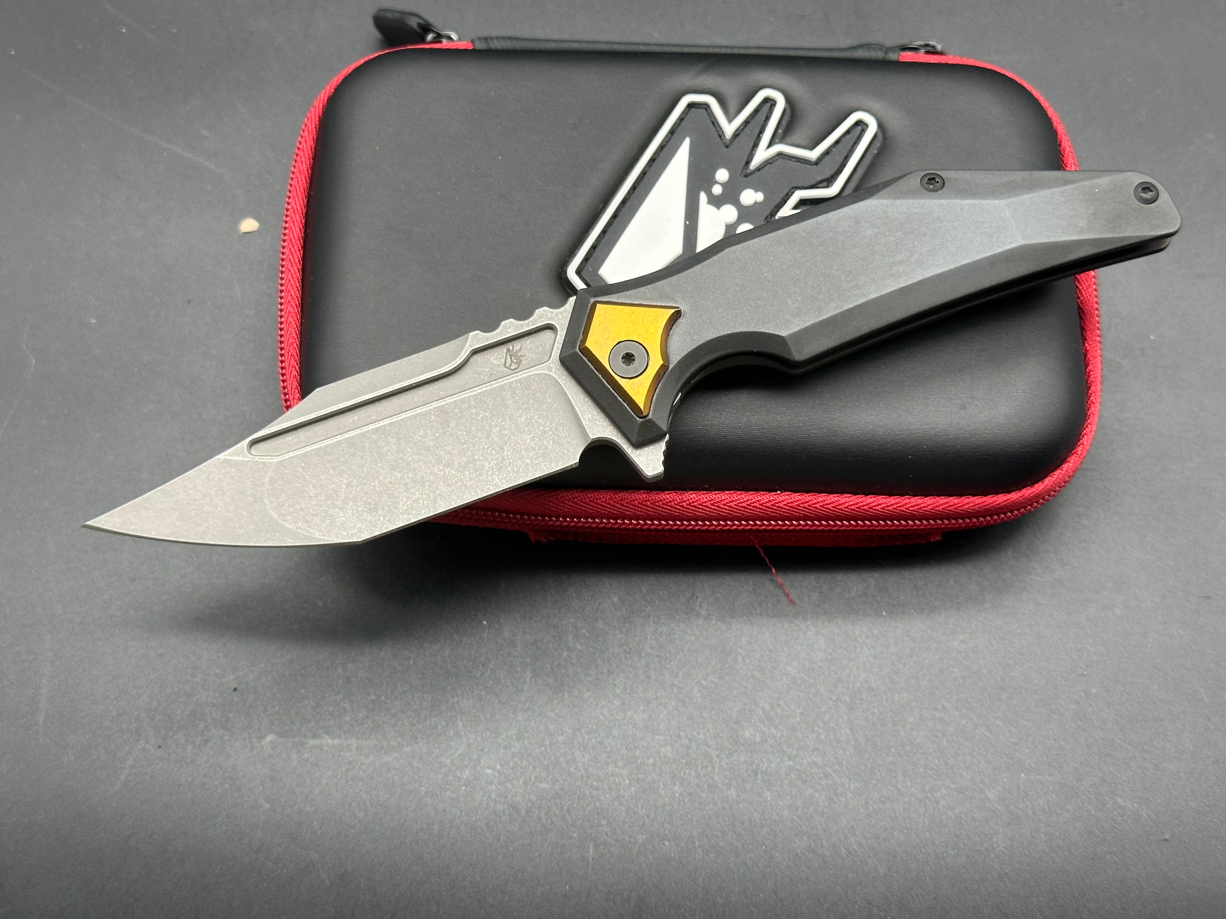 Arcane Design The Abyss Custom Titanium Knife - Charcoal Grey Ti Frame with Bronze Anodized Bolster, Backspacer & Clip, Bohler M390 Bowie Blade (Stonewash Finish) - Perfect for EDC, Outdoor Adventures & Collectors