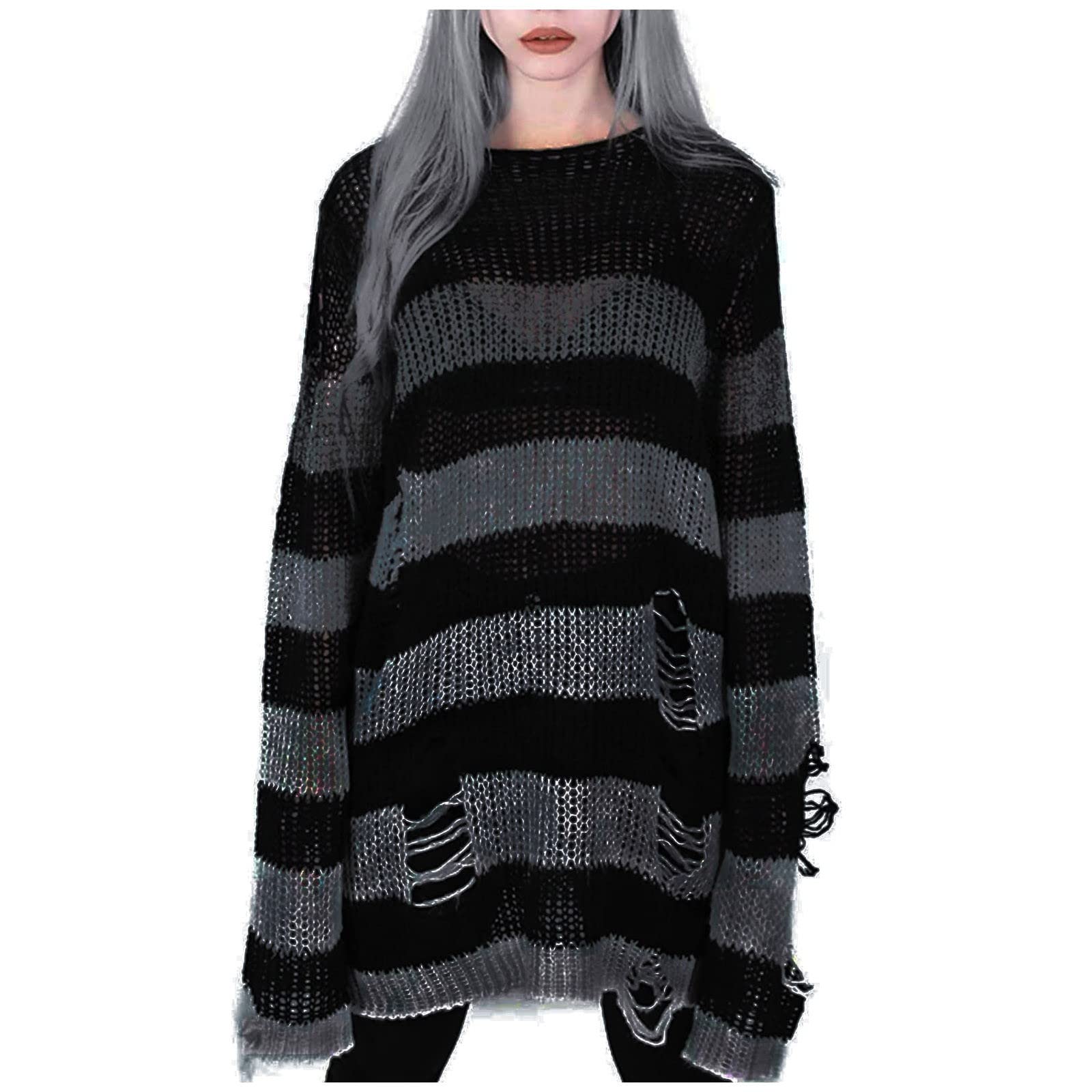 Gothic Punk Sweater for Women - Long Hollow Out Knit Cardigan with Distressed Hole Details | Perfect for Layering, Casual Outfits, and Gothic Fashion Styles