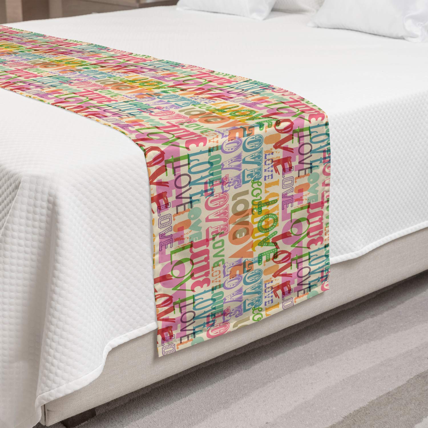 Ambesonne Love Bed Runner - Colorful Romance Themed Typography for Marriage & Engagement Inspiration | Decorative Accent Bedding Scarf for Queen Beds | Perfect for Hotels, Homes & Guestrooms | Multicolor | Ideal for Wedding Decor, Anniversary Gifts & Bedroom Styling