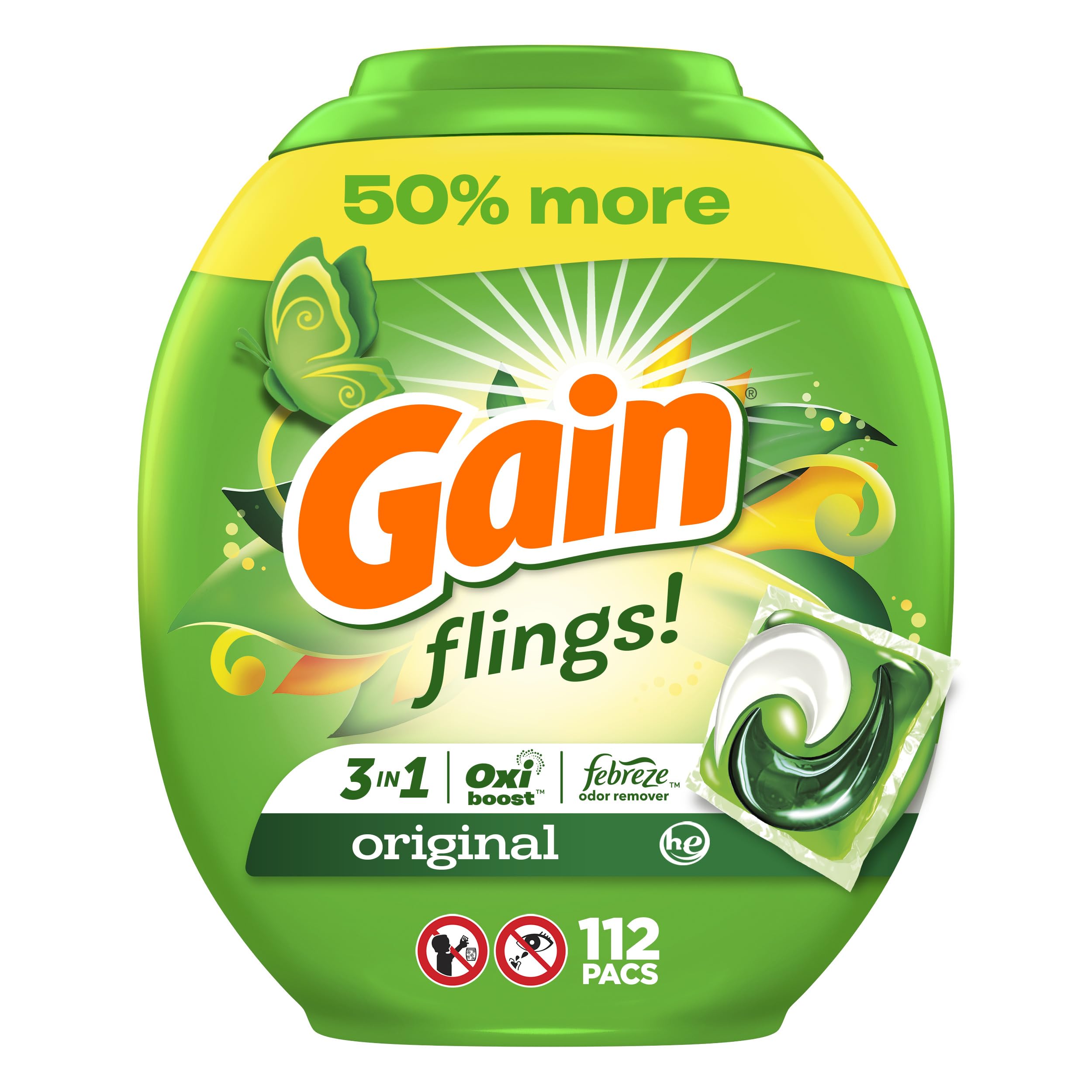 Gain FLINGS Laundry Detergent Pacs, Original Scent - 3-in-1 HE Detergent Pods with Oxi Boost & Febreze, 112 Count | Powerful Stain Removal & Long-Lasting Freshness for All Fabrics | Perfect for Families, Gym Clothes & Everyday Laundry