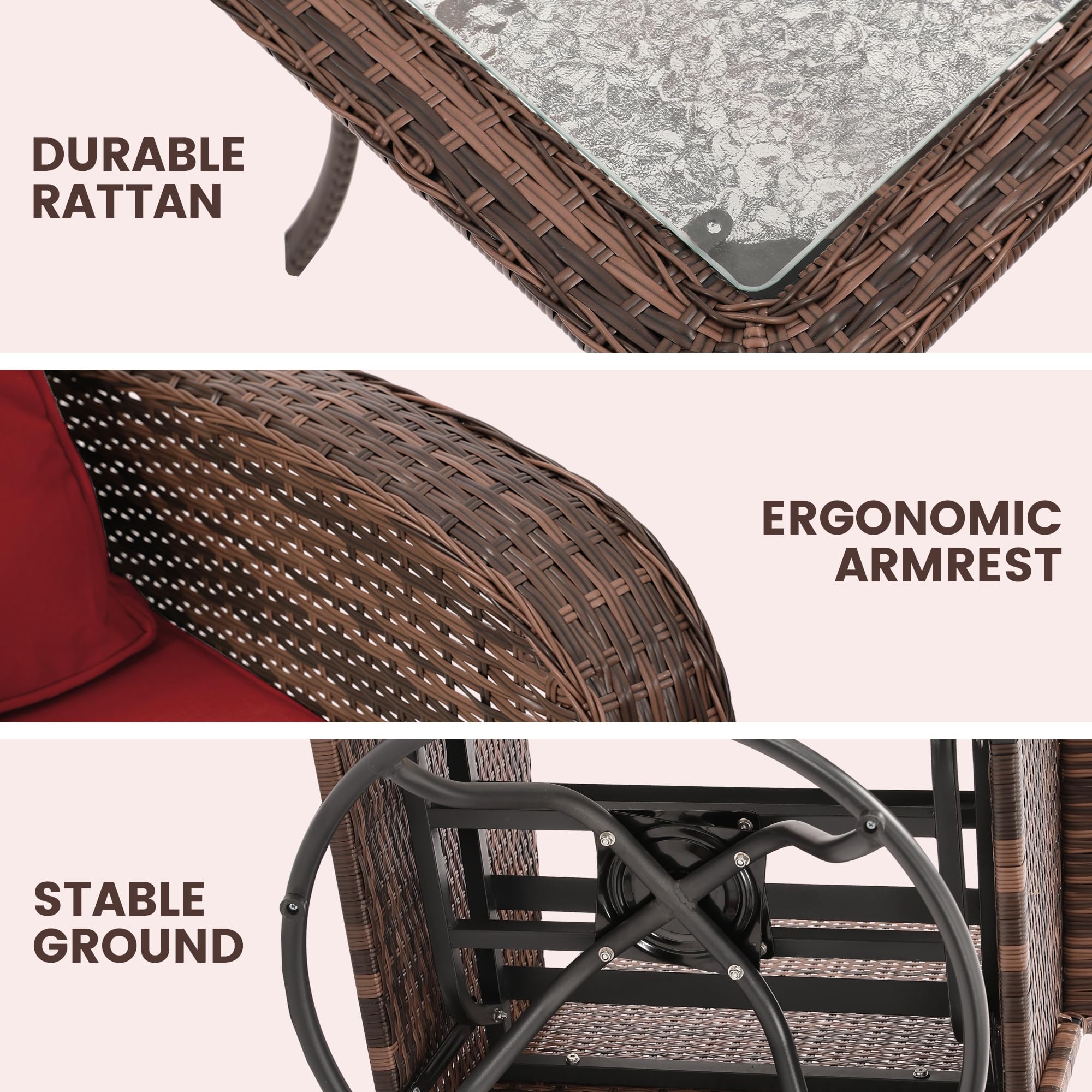 Kromax 3-Piece Patio Furniture Set - Outdoor Swivel Glider Rocker, Wicker Bistro Set with Rattan Rocking Chair & Glass Top Table - Thick Cushions for Porch, Deck, Garden or Backyard (Brown Rattan & Red Cushion) - Perfect for Relaxing, Entertaining & Outdoor Dining