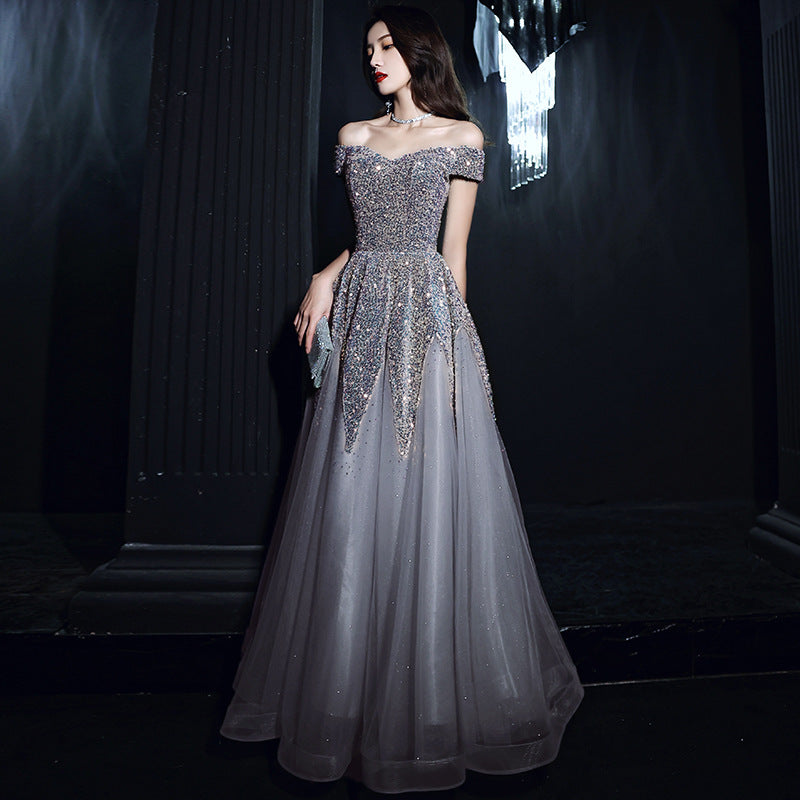 Elegant Off Shoulder A-Line Prom Dress with Sequins & Tulle for Evening Formal Events - Perfect for Homecoming, Wedding Guest & Special Occasions
