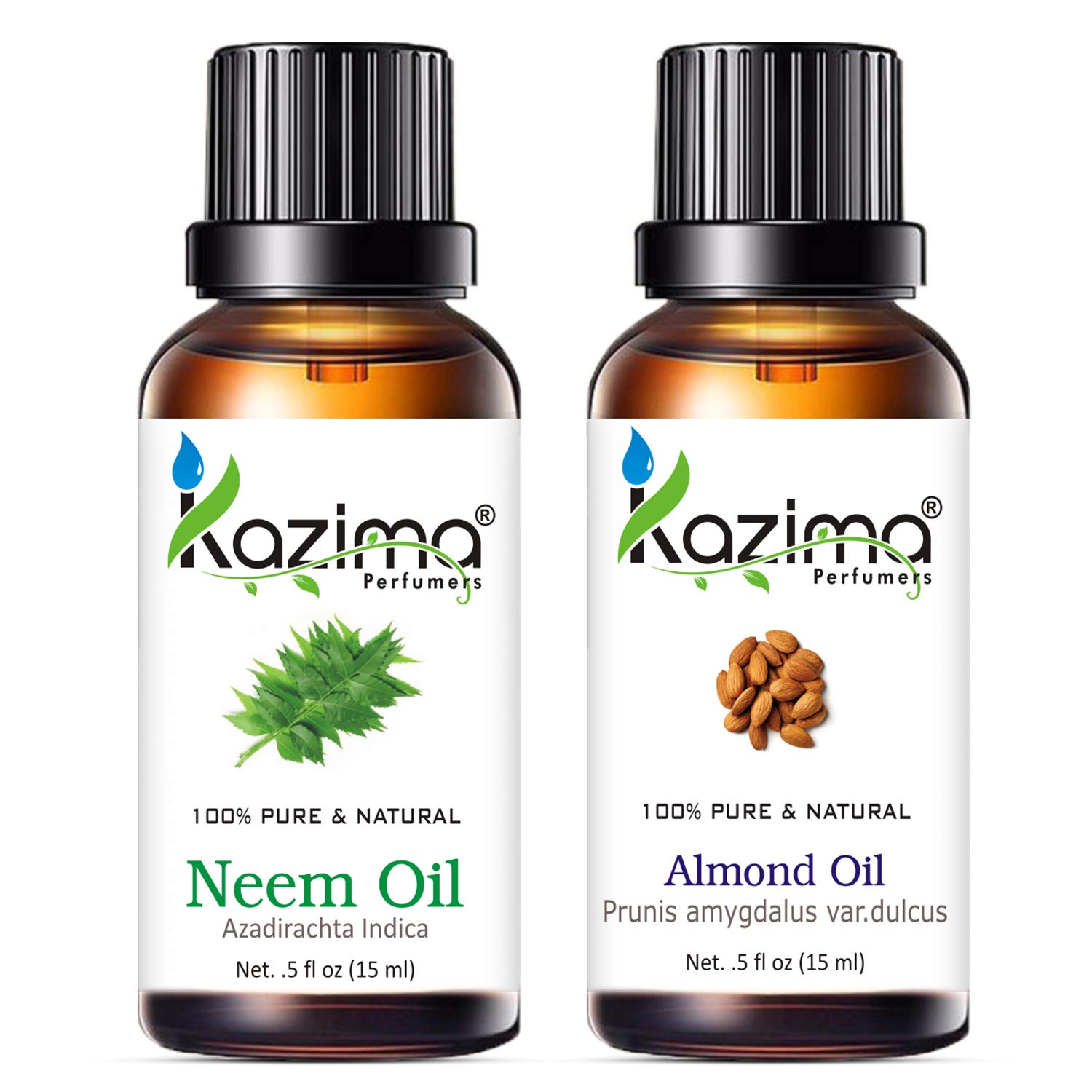 KAZIMA Neem Oil & Almond Oil Combo - 100% Pure Cold Pressed Carrier Oils for Acne, Scars, Wrinkles, Hair Growth & Dry Skin Treatment - 15ml Each - Natural Skincare & Haircare Solution for Face, Body & Scalp
