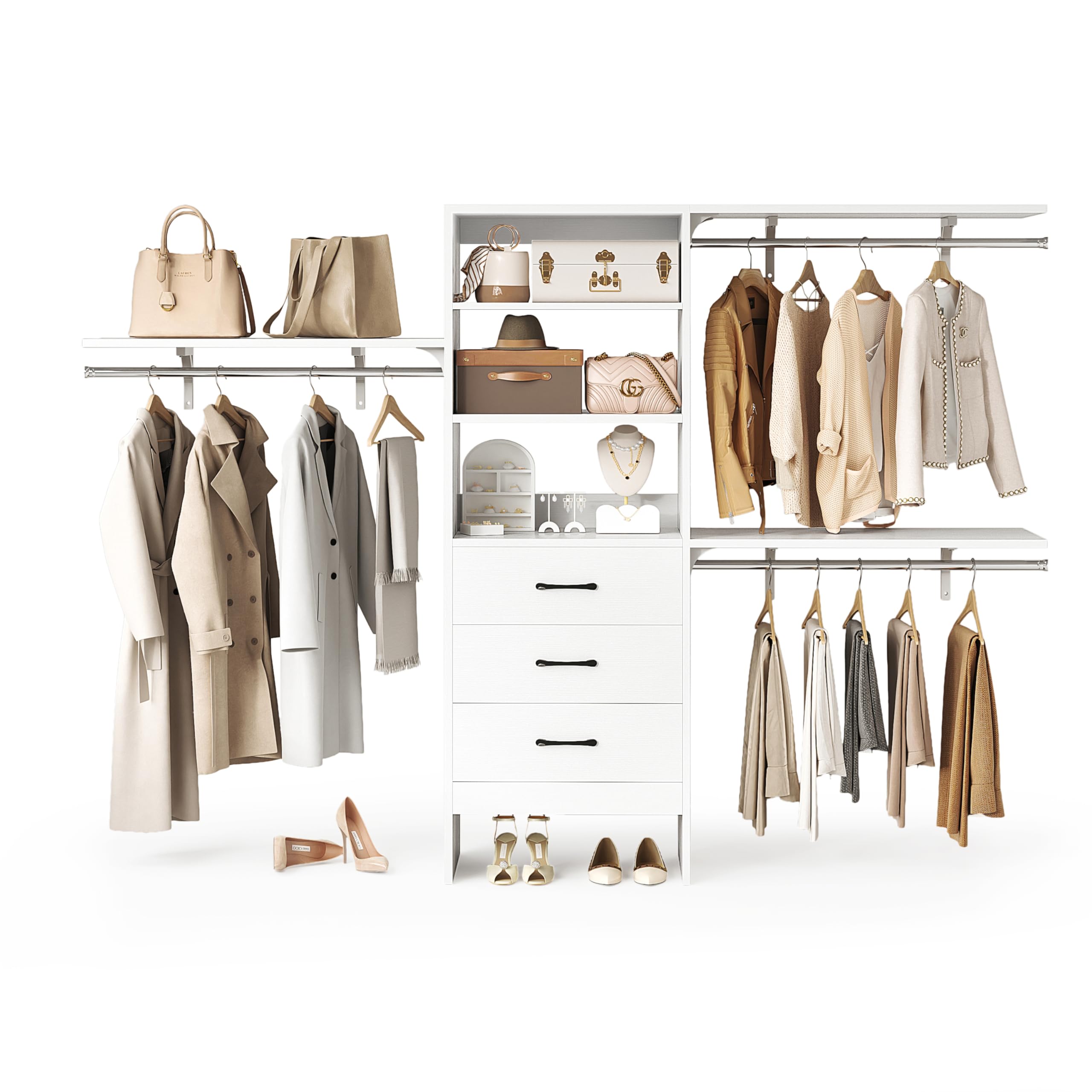 96 Inch Heavy Duty Walk-In Closet Organizer System - 8FT Closet Storage with 3 Adjustable Shelves, 3 Hanging Rods & 3 Drawers - Built-In Garment Rack (96