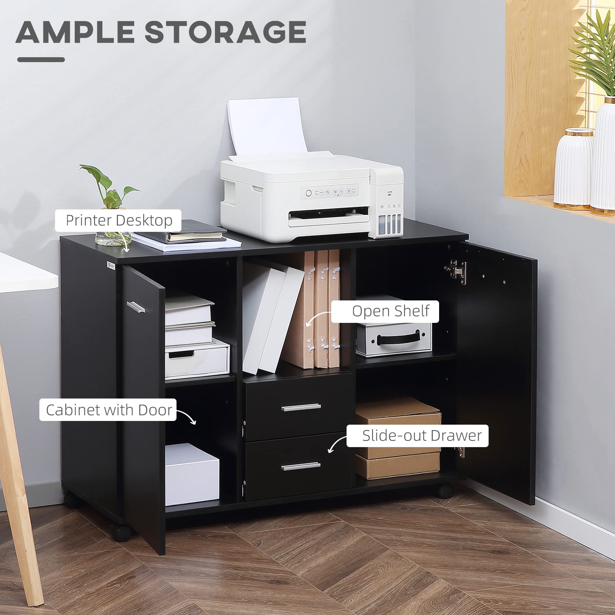 Vinsetto Black 2-Drawer 2-Shelf Multifunctional Office Filing Cabinet & Printer Stand with Smooth Countertop - Perfect for Home Office, Small Business & Workspace Organization