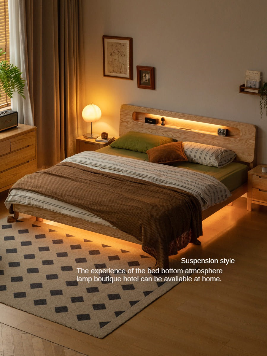 Solid Oak Wood Suspension Luminous Bed - Modern Floating Platform Bed with LED Lighting for Bedroom, Guest Room, or Dorm