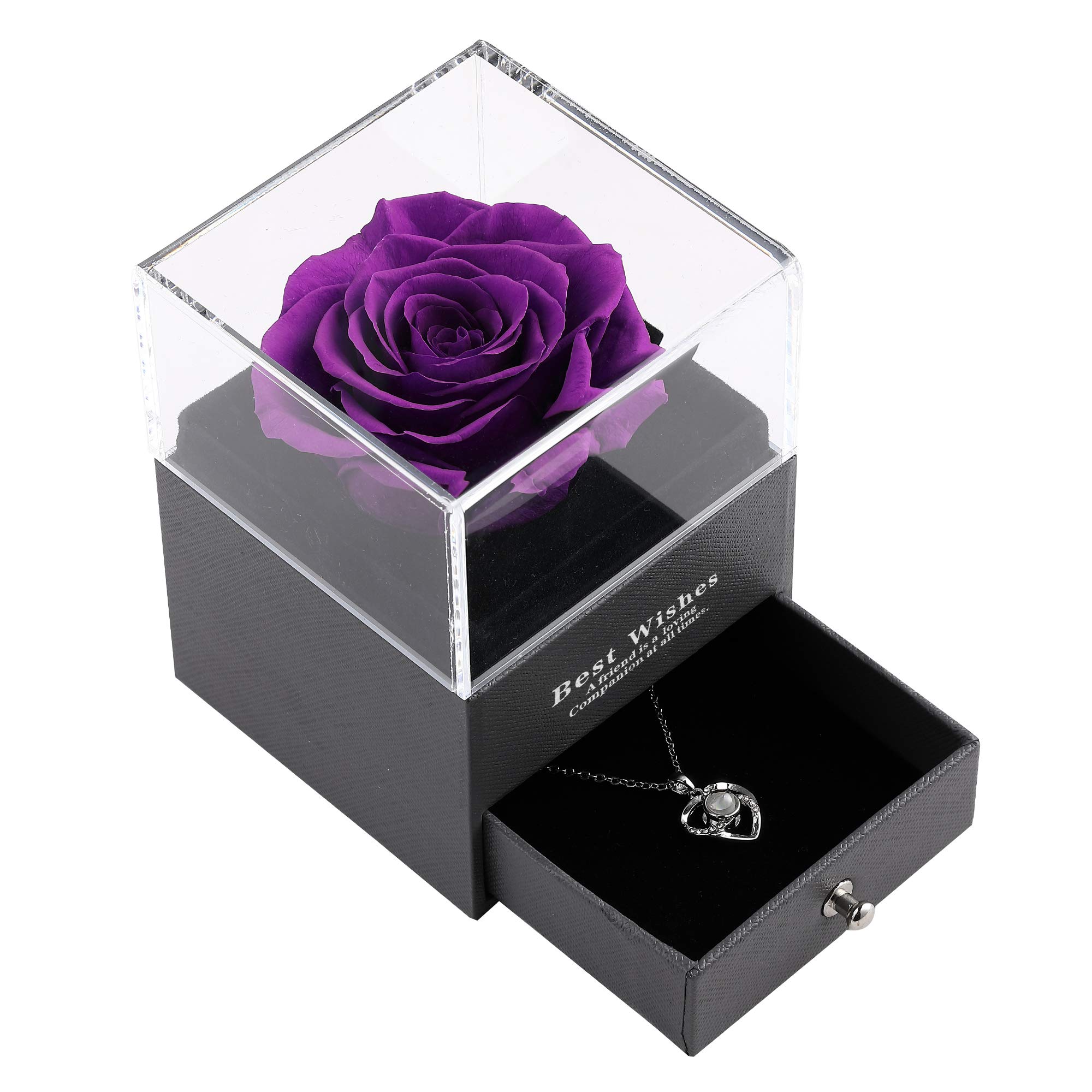 Enchanted Eternal Preserved Real Rose Gift Box with 'I Love You' Necklace in 100 Languages - Handmade Forever Rose Flower for Her (Silver Purple) - Perfect for Anniversaries, Valentine's Day & Romantic Surprises