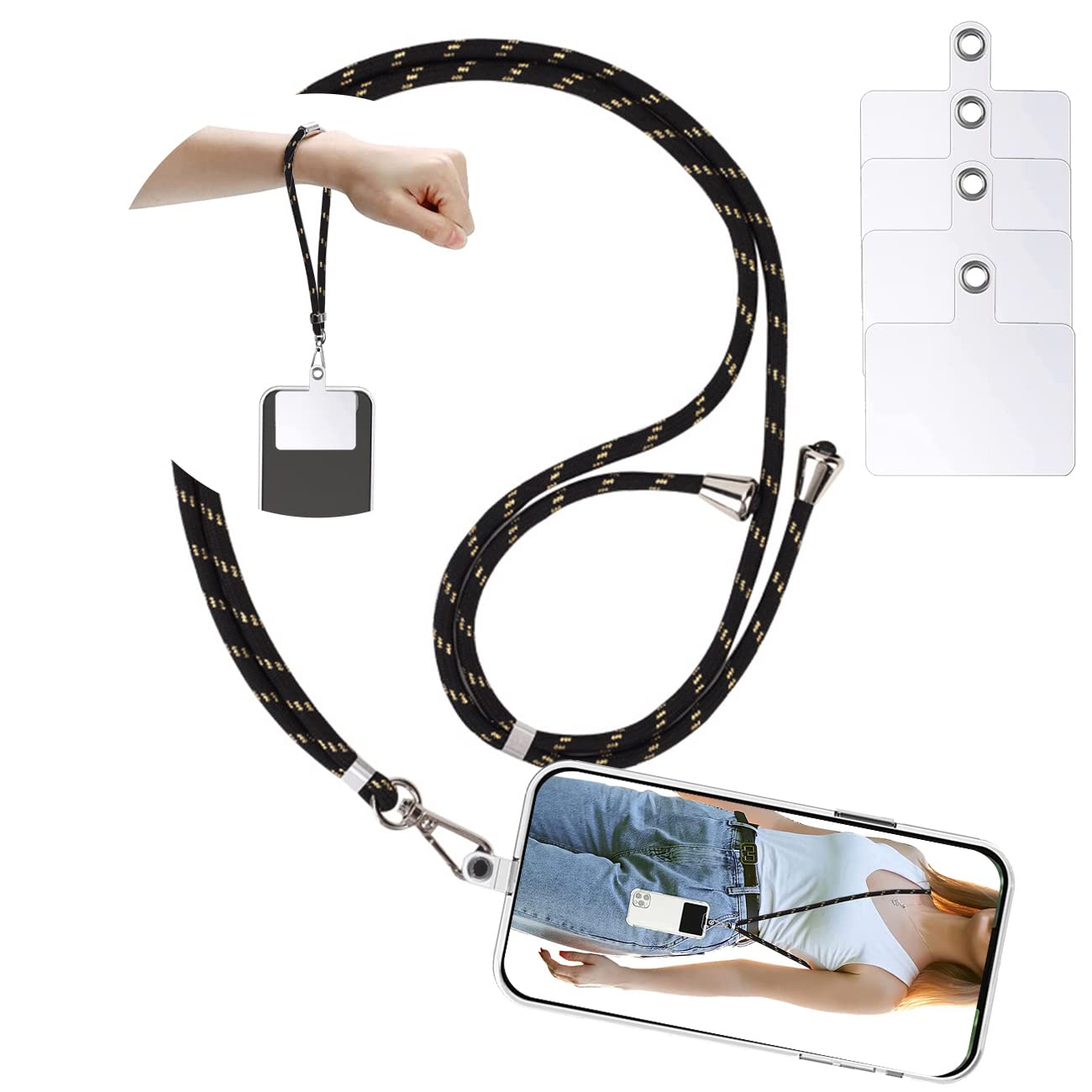 Adjustable Nylon Phone Lanyard Strap - Black & Gold Crossbody Neck Strap & Wrist Strap with 5 Decorative Patches | Compatible with Most Smartphone Cases | Perfect for Travel, Work, Gym & Outdoor Activities