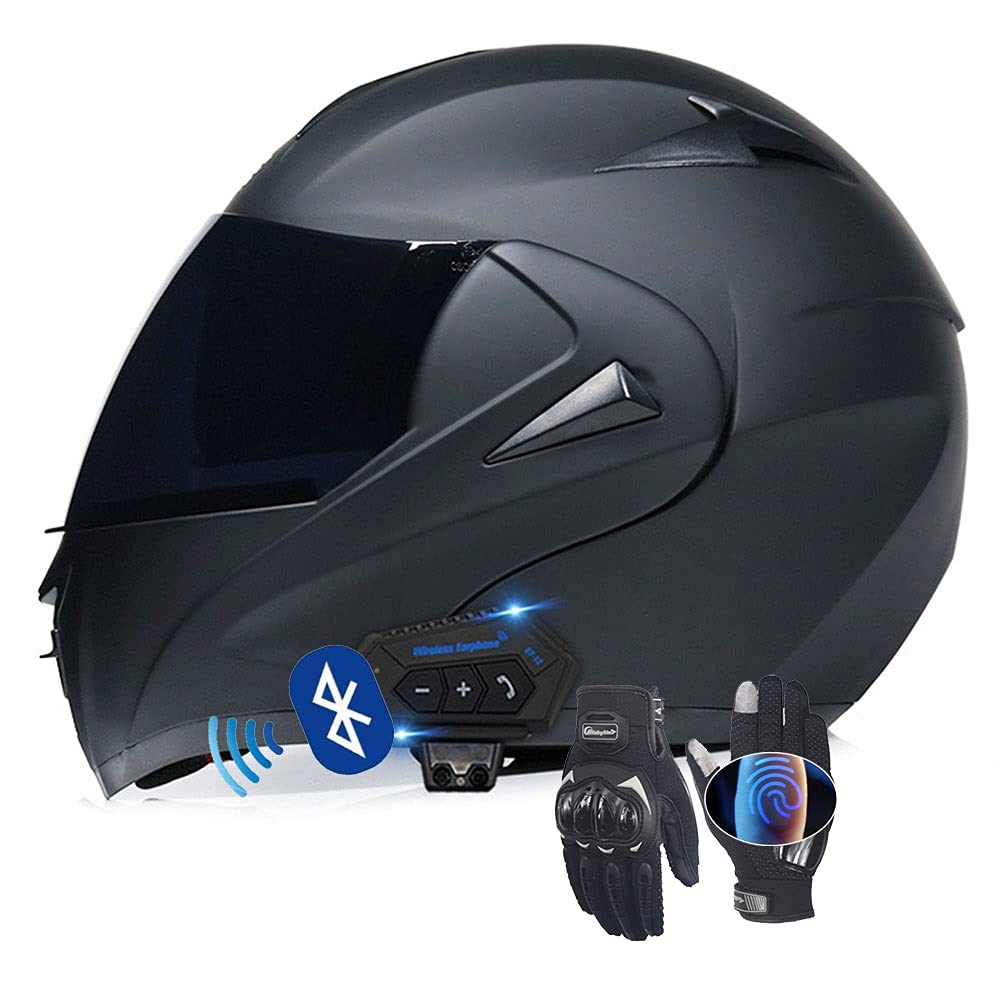 Bluetooth Motorcycle Helmet - Full Face Flip Up Modular DOT Approved Helmet with HD Dual Lens Visor & Touch Gloves for Adults (55-62cm) - Perfect for Commuting, Touring & Adventure Riding