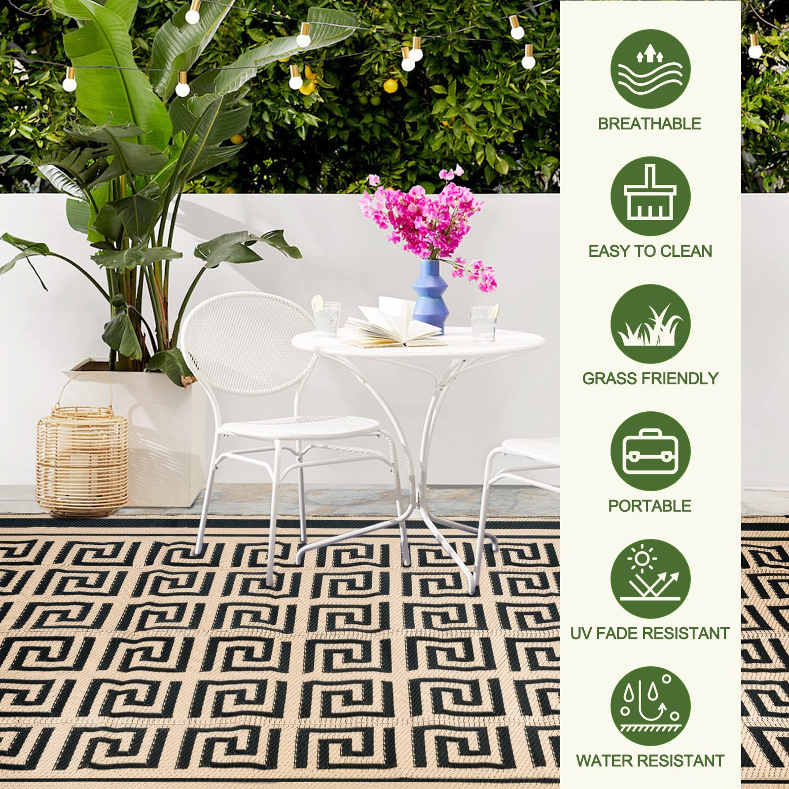 5' x 8' Waterproof Reversible Outdoor Rug - Durable Plastic Straw Patio Mat for Camping, RV, Picnic, Beach, Deck & Backyard | All-Weather Design for Patio Furniture, Porch, Balcony & Outdoor Entertaining