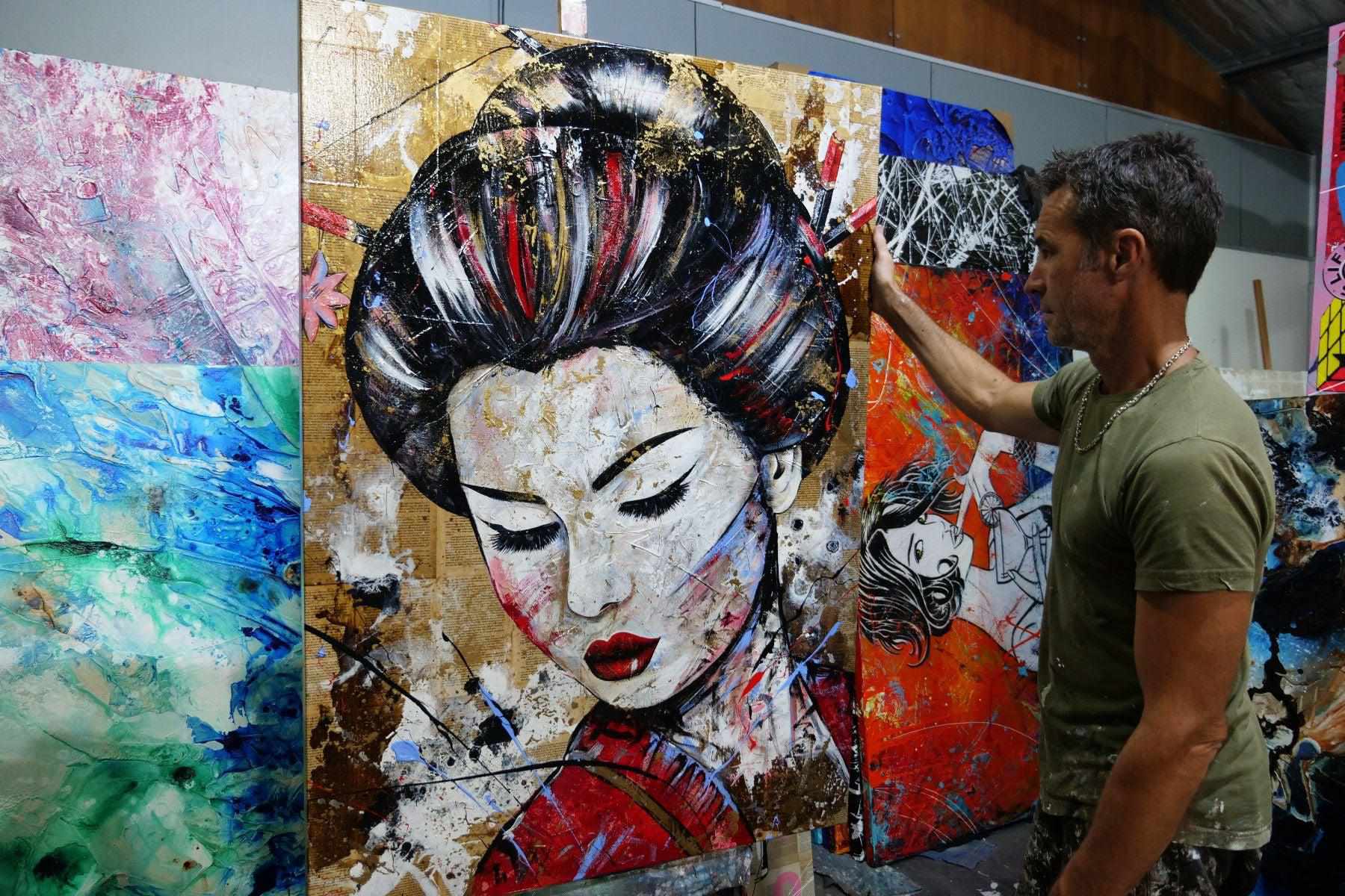 140cm x 100cm Sakura Blue Geisha Abstract Realism Canvas Art Painting - Perfect for Book Club Decor, Living Room Wall Art & Japanese Theme Home Decoration