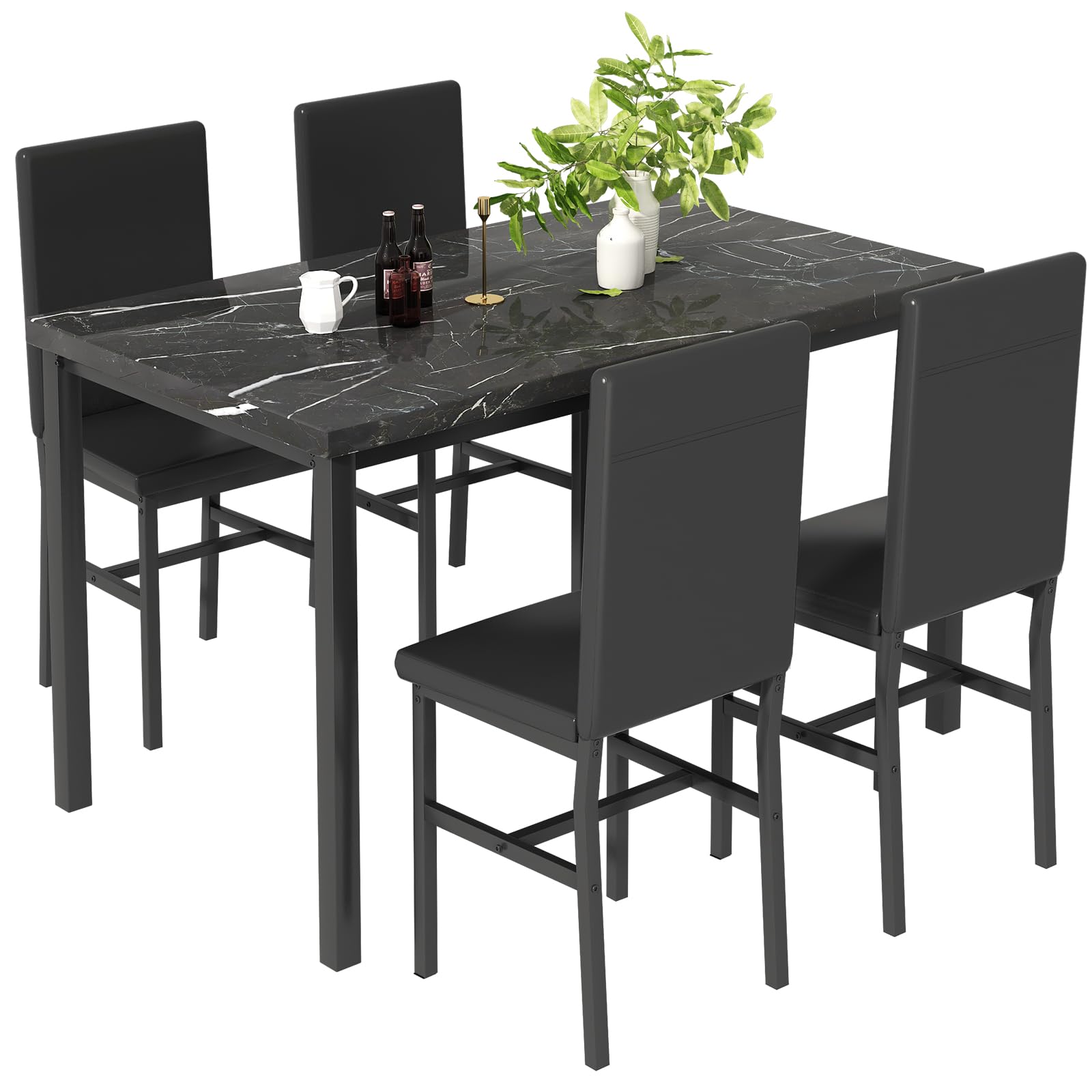 MIERES 5-Piece Faux Marble Dining Table Set for 4 - Modern Kitchen Table with 4 PU Leather Chairs - Space-Saving Apartment Furniture Set in Black - Perfect for Small Dining Rooms, Breakfast Nooks & Compact Living Spaces