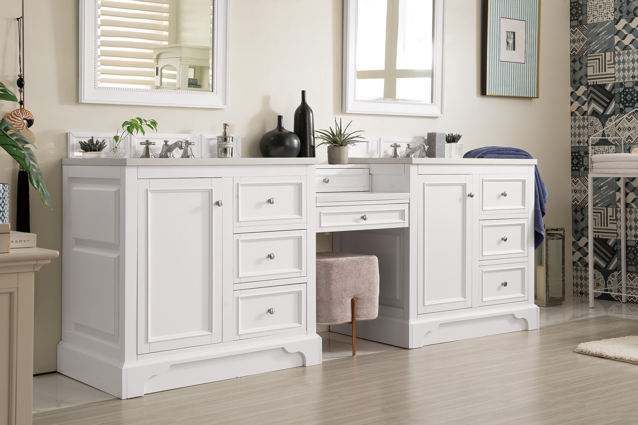 De Soto 94 Double Vanity Set with Makeup Table - Bright White Finish & 3CM White Zeus Quartz Top | Perfect for Bedroom, Bathroom & Dressing Room Organization