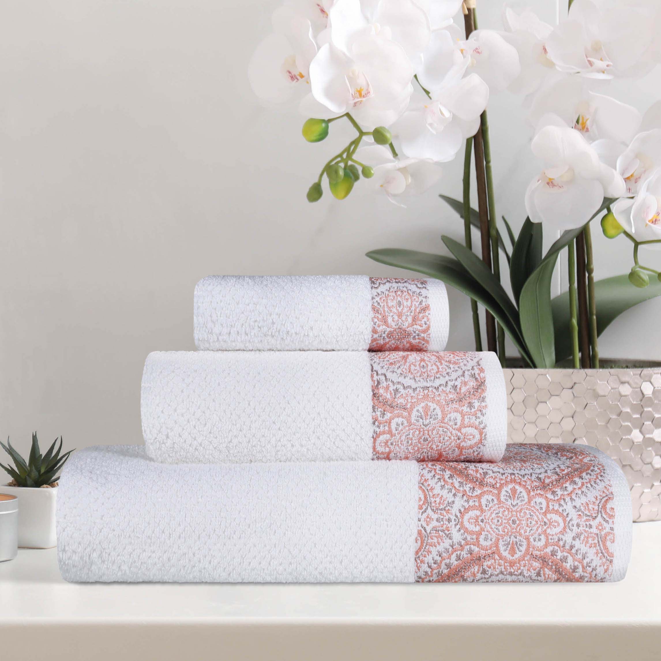 Premium Medallion Cotton Jacquard Textured 3-Piece Bath Towel Set - Soft & Absorbent Luxury Towels for Spa, Bathroom & Guest Use