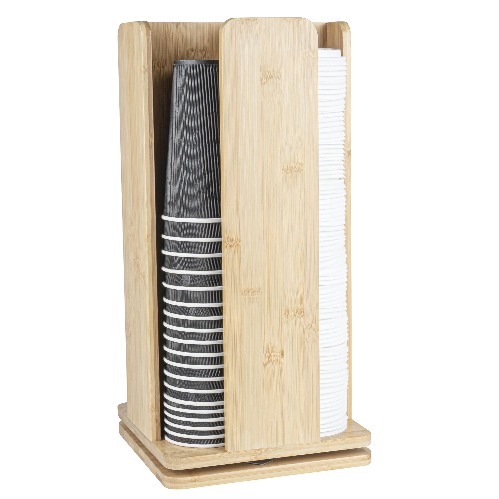 Restaurantware Restpresso 9 x 18 Inch Coffee Cup and Lid Organizer - 4-Section Revolving Bamboo Cup Holder for Restaurants, Homes & Offices | Space-Saving Countertop Solution for Coffee Shops, Break Rooms & Cafés